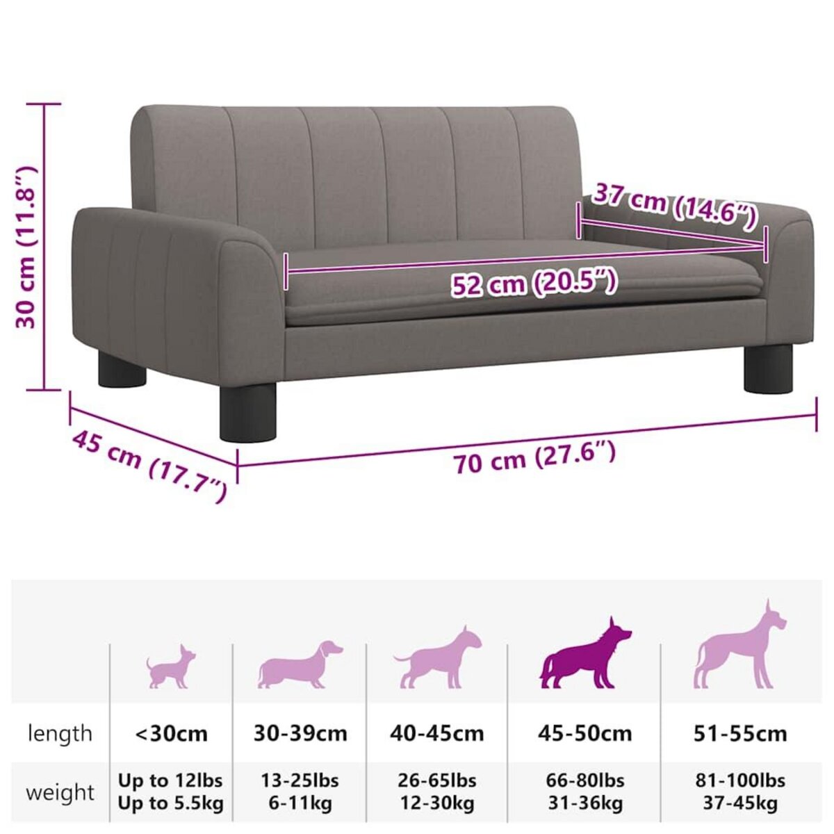 VIDAXL Lit pour chien taupe 70x45x30 cm tissu
