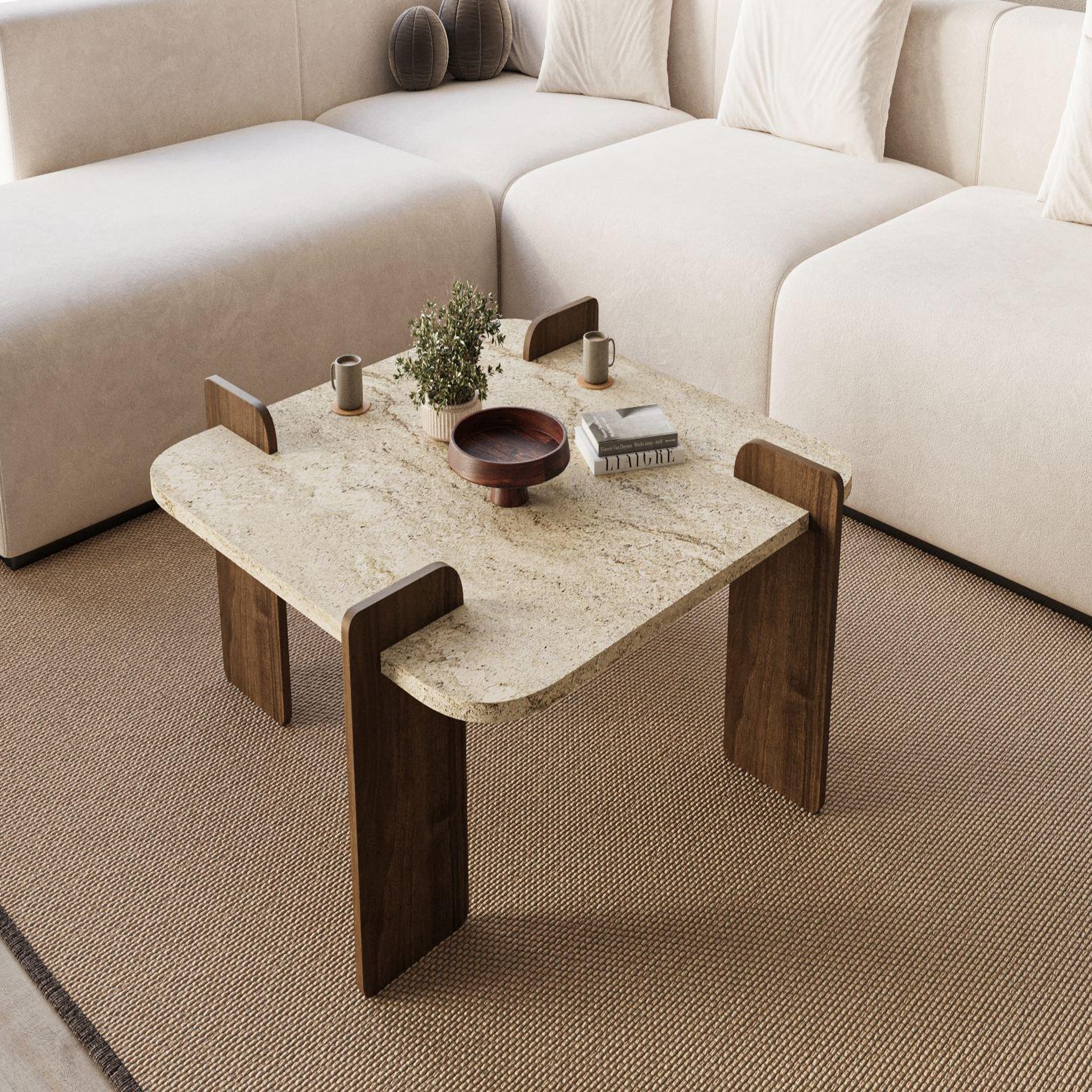 Voir la diapositive 2 : Habitat et Jardin Table basse en bois  afrolli  - 90 x 90 x 35 cm - travertin