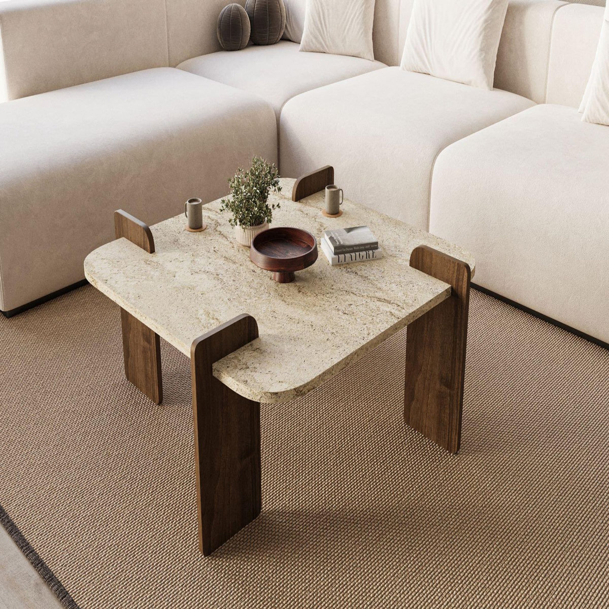 Habitat et Jardin Table basse en bois  Afrolli  - 90 x 90 x 35 cm - Travertin