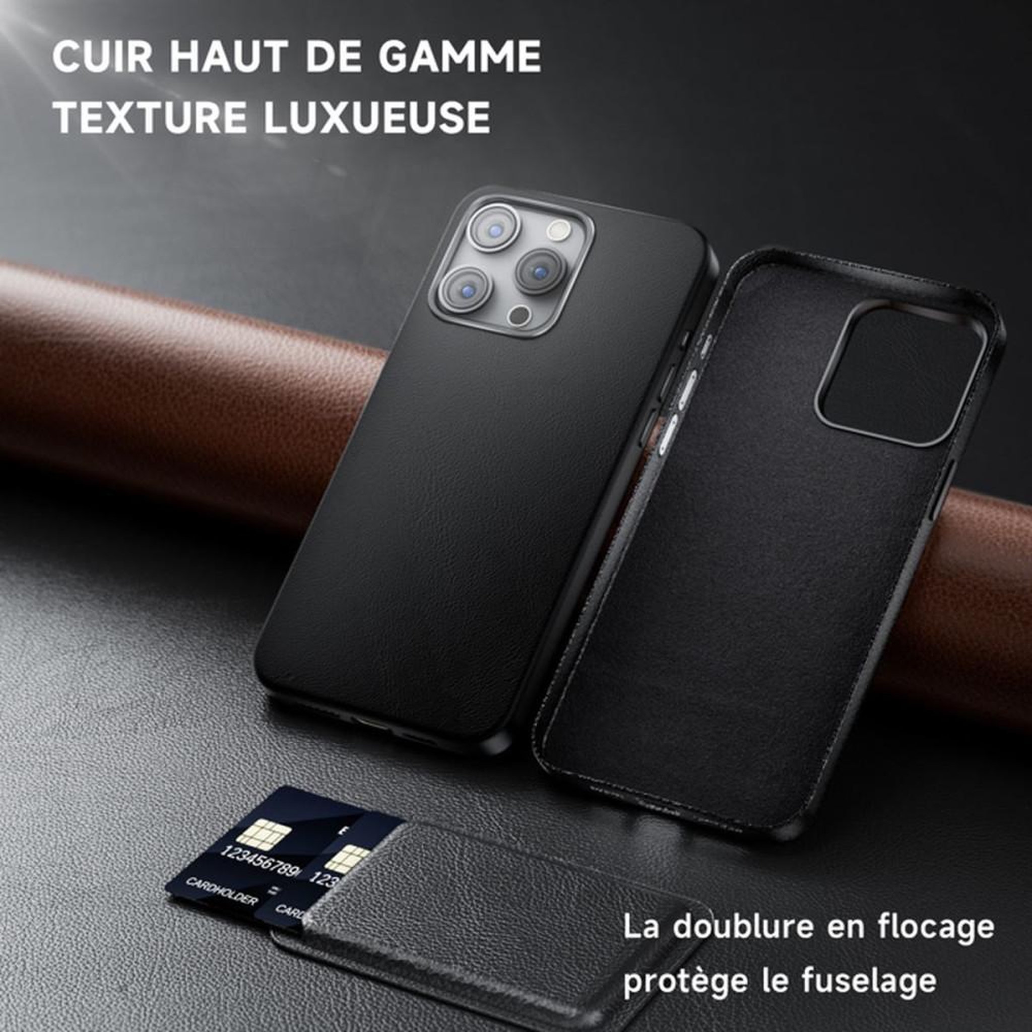 Voir la diapositive 3 : Coque portefeuille magnétique cuir noir pour iPhone 15 Pro Max 6,7  avec 2 protège-écrans verre trempé