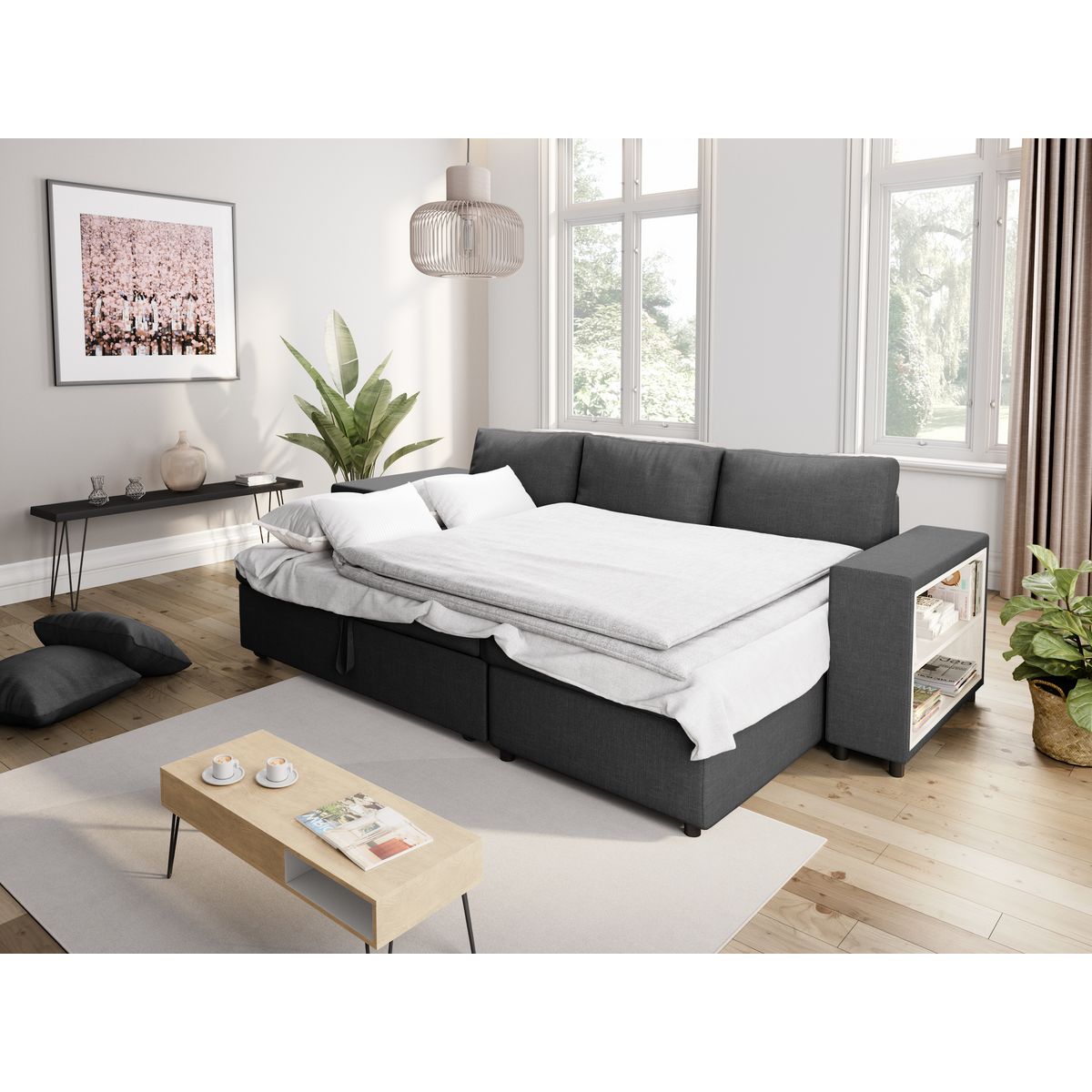 Canapé d'angle convertible avec coffre 3 places + 2 poufs à gauche et étagère à droite  MACHA