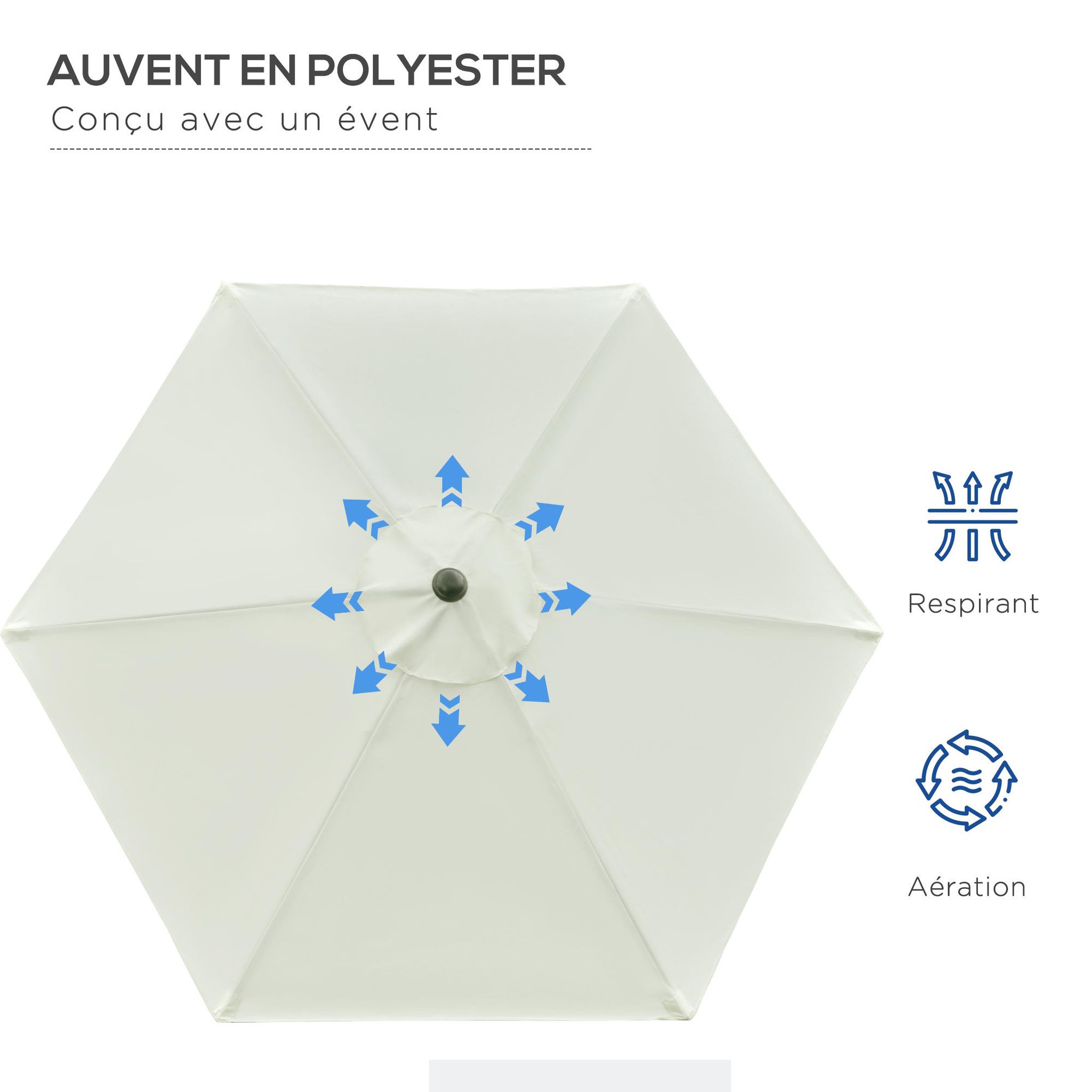 Voir la diapositive 5 : OUTSUNNY Parasol hexagonal inclinable dim. Ø 2,3 x 2,16H m métal polyester haute densité crème