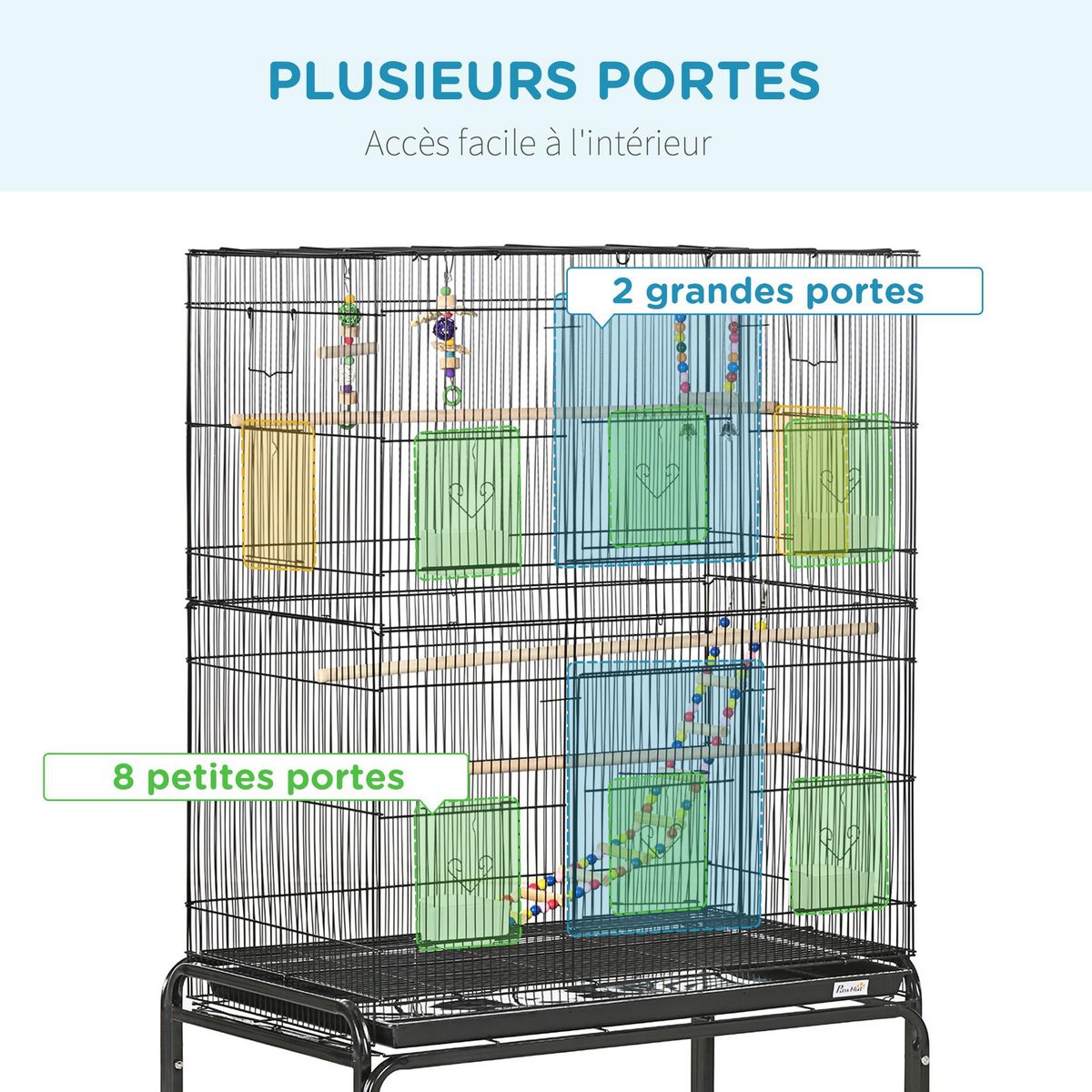 PAWHUT Cage à oiseaux sur roulettes - étagère, plateau déjection, 3 perchoirs, 4 mangeoirs, 2 portes, 8 trappes, accessoires - acier noir