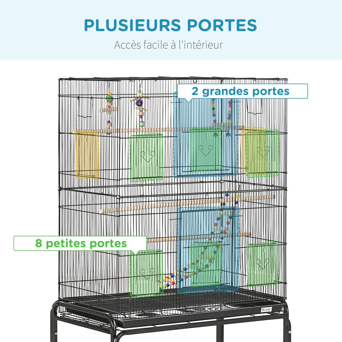 PAWHUT Cage à oiseaux sur roulettes - étagère, plateau déjection, 3 perchoirs, 4 mangeoirs, 2 portes, 8 trappes, accessoires - acier noir