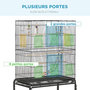 Voir la diapositive 4 : PAWHUT Cage à oiseaux sur roulettes - étagère, plateau déjection, 3 perchoirs, 4 mangeoirs, 2 portes, 8 trappes, accessoires - acier noir