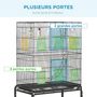 Voir la diapositive 4 : PAWHUT Cage à oiseaux sur roulettes - étagère, plateau déjection, 3 perchoirs, 4 mangeoirs, 2 portes, 8 trappes, accessoires - acier noir