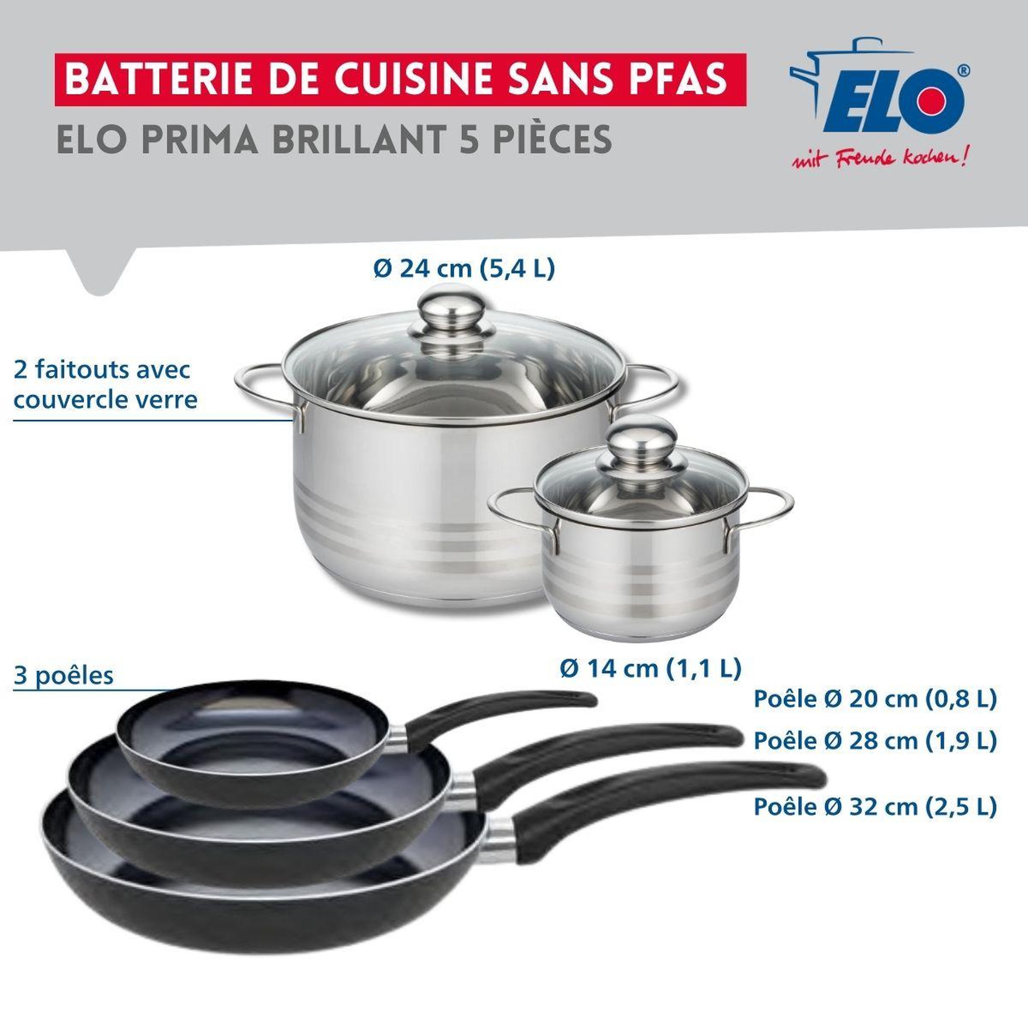 Voir la diapositive 2 : ELO Ensemble de 3 poêles de cuisson 20, 28 et 32 cm et 2 faitouts 14 et 24 cm elo prima brillant