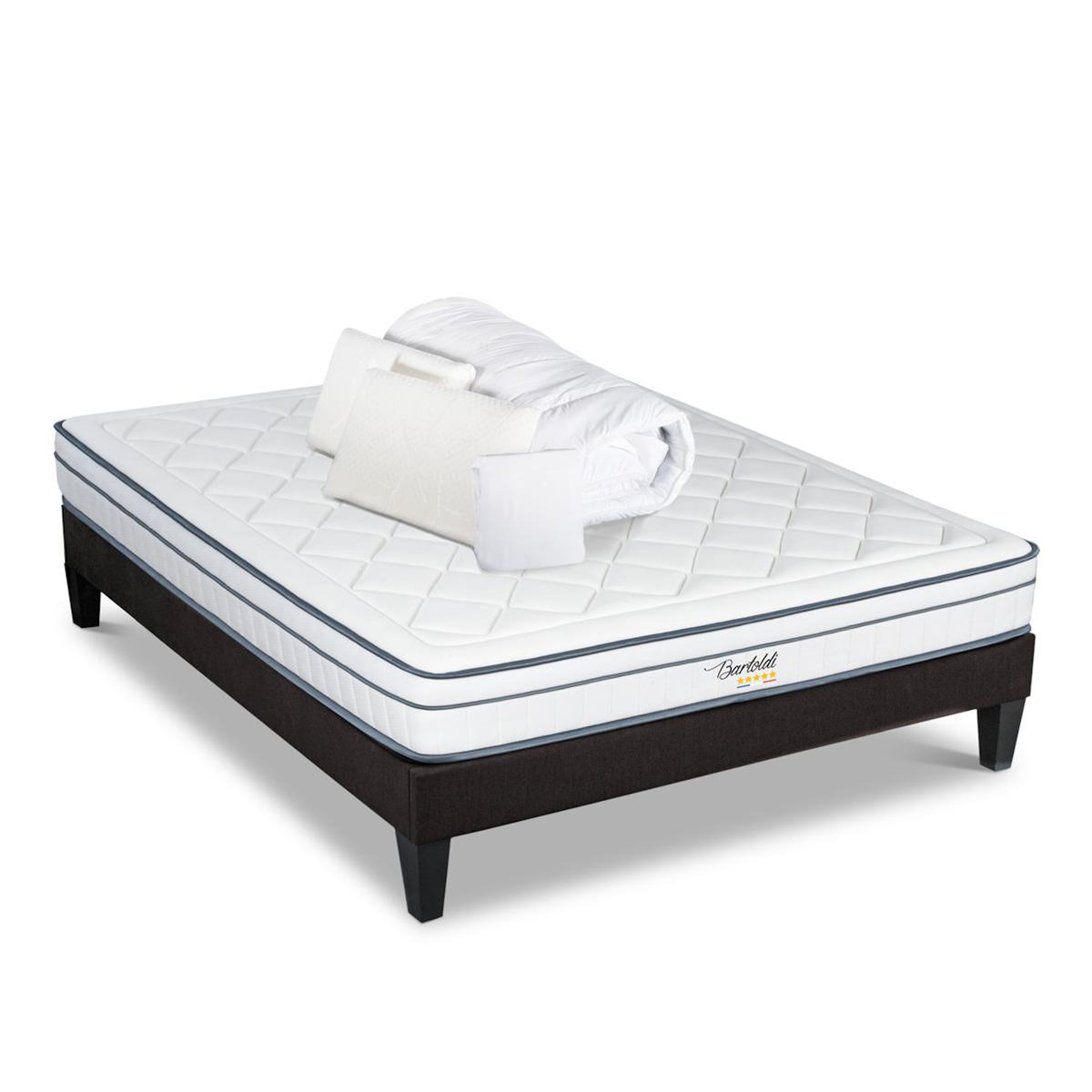 BELLECOUR BELLECOUR LITERIE | Pack Prêt à dormir BARTOLDI | Matelas Ressorts ensachés + Sommier + Accessoires