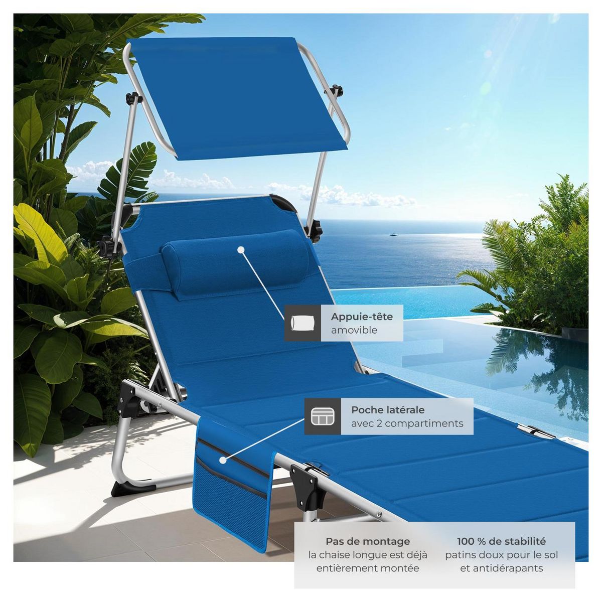 tectake Bain de soleil rembourré et pliable bleu