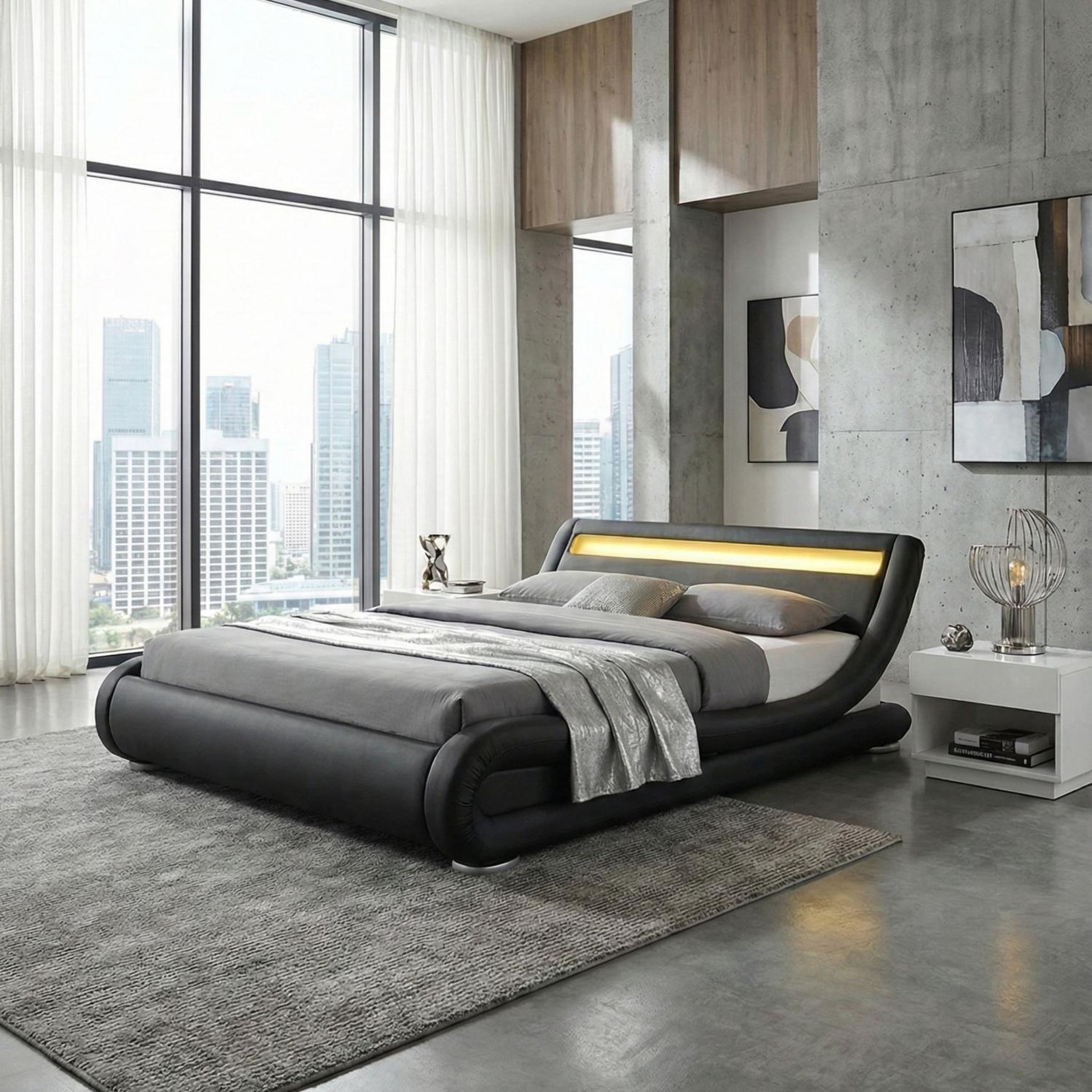 Voir la diapositive 3 : CONCEPT USINE Lit avec led 140 x 190 cm en PU noir SEATTLE