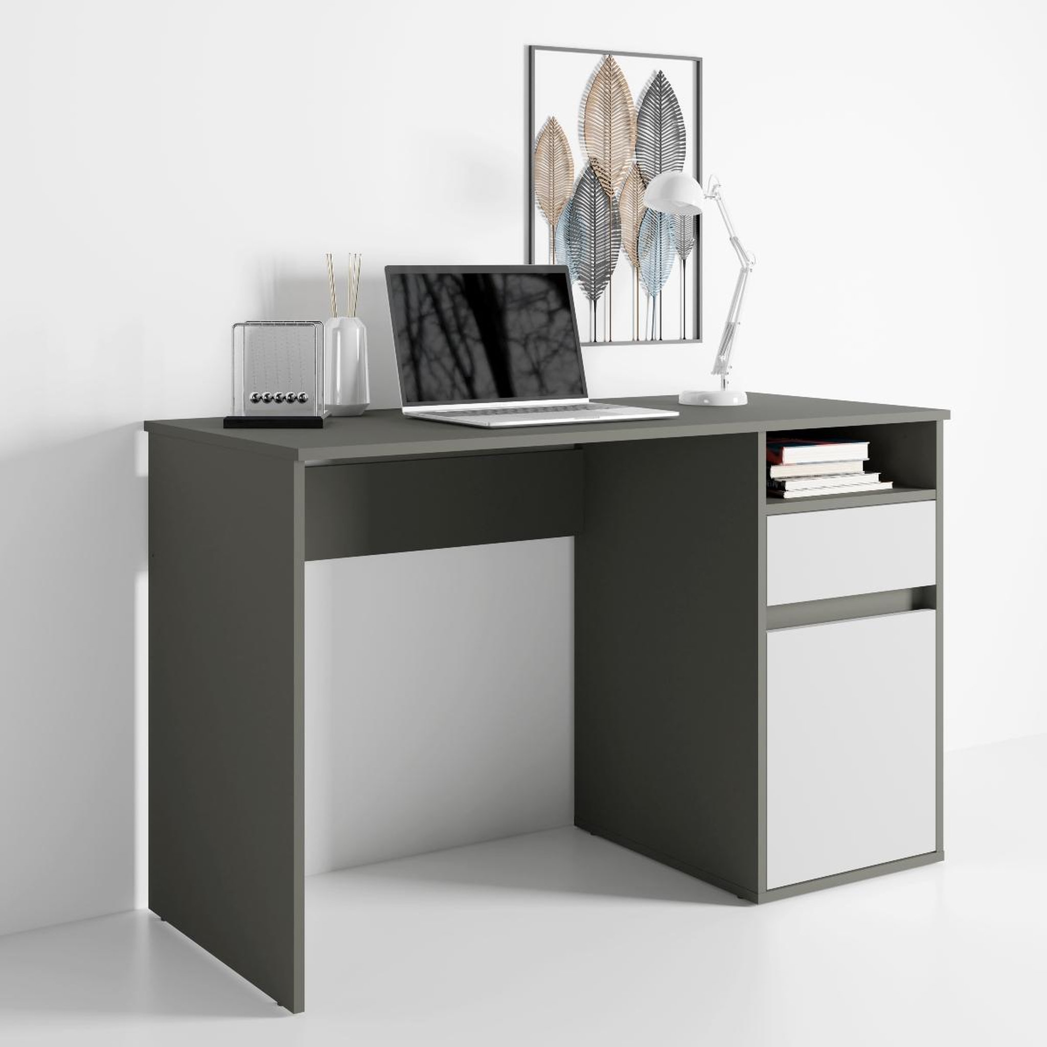 Voir la diapositive 3 : JLC KREATION Bureau moderne gris et blanc 120cm avec rangement ALBI