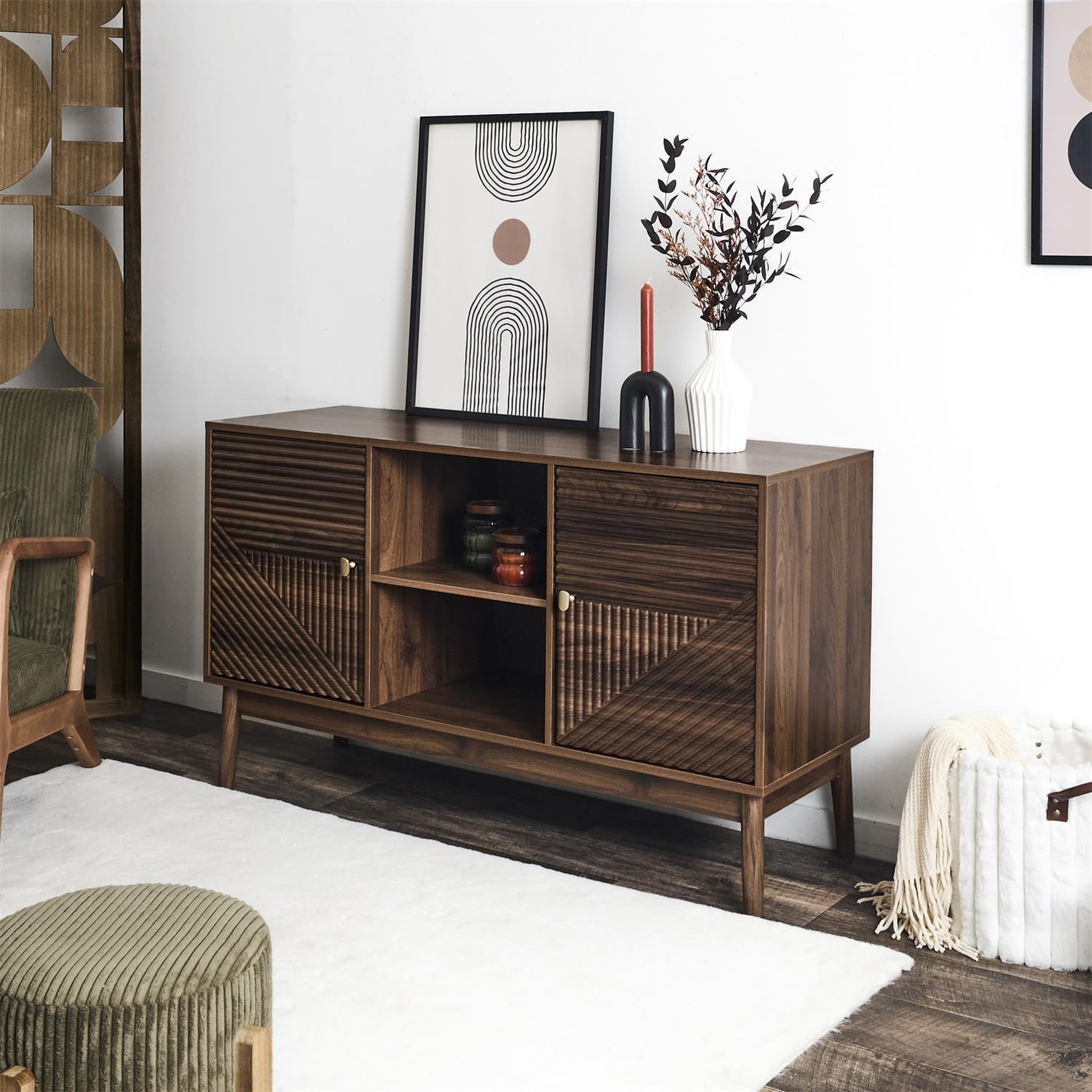 Voir la diapositive 2 : The Home Deco Factory Buffet 2 portes et 2 niches effet noyer tiffany - marron