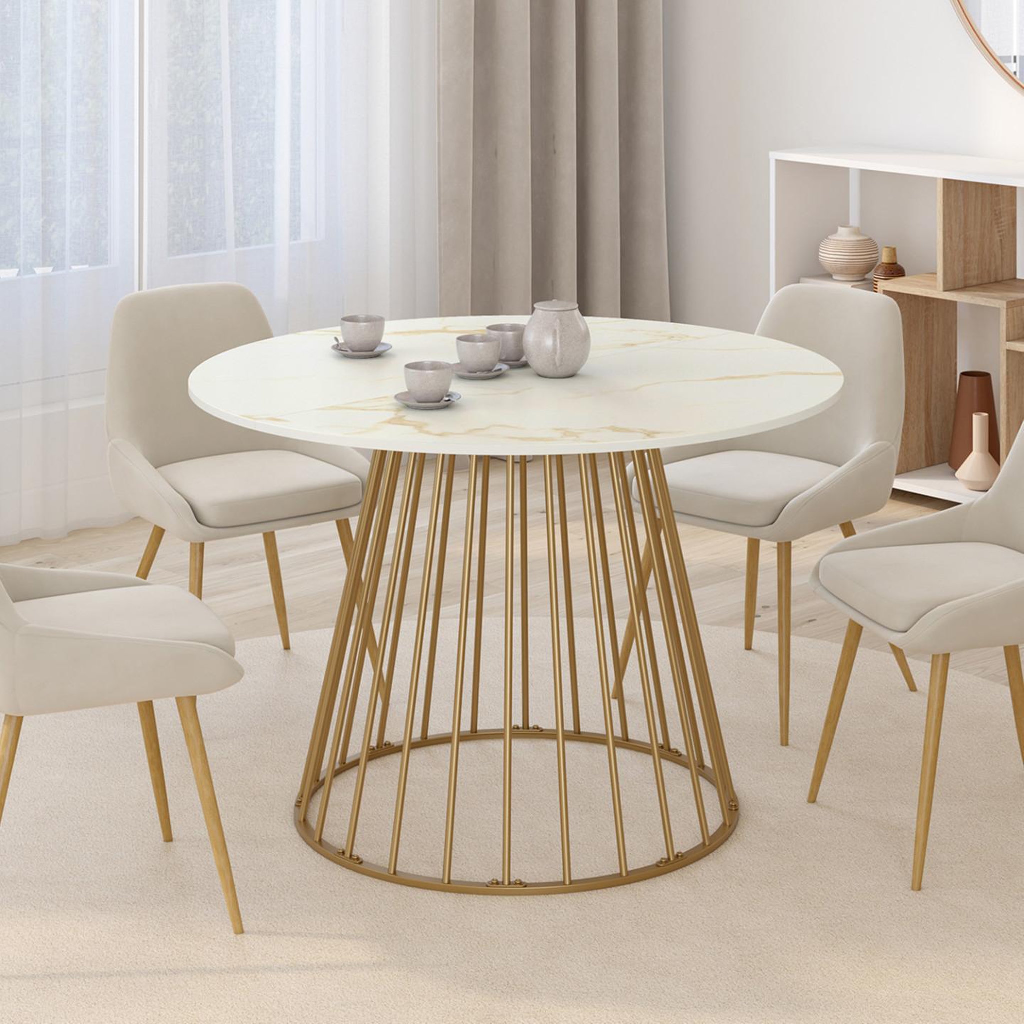 Voir la diapositive 2 : ID MARKET Table à manger ronde yuna 6 personnes pied filaire laiton et plateau effet marbre blanc alaska 110 cm