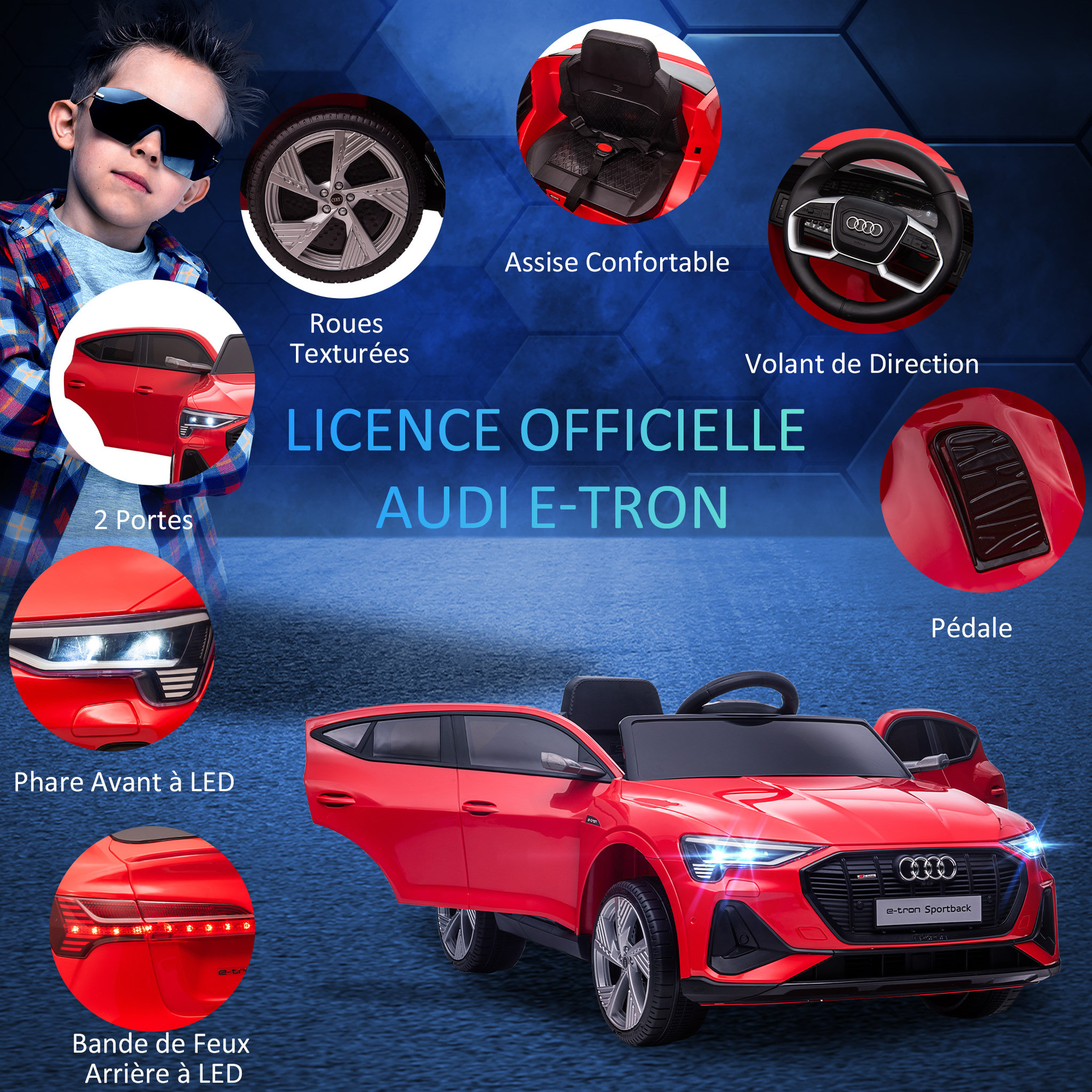 Voir la diapositive 4 : HOMCOM Voiture véhicule électrique enfant e-tron Sportback S line 12 V - V. max. 8 Km/h - effets sonores, lumineux - télécommande, port USB, MP3 - rouge