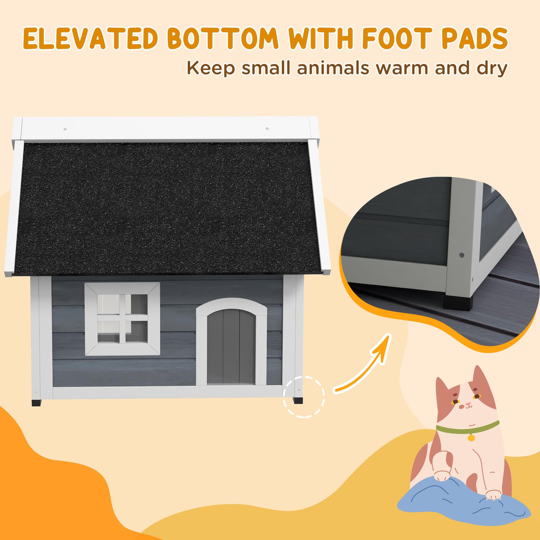 Voir la diapositive 4 : PAWHUT Niche maison pour chat - porte à lamelles, fenêtre plexiglas, toit bitumé ouvrant, 3 portes - bois gris