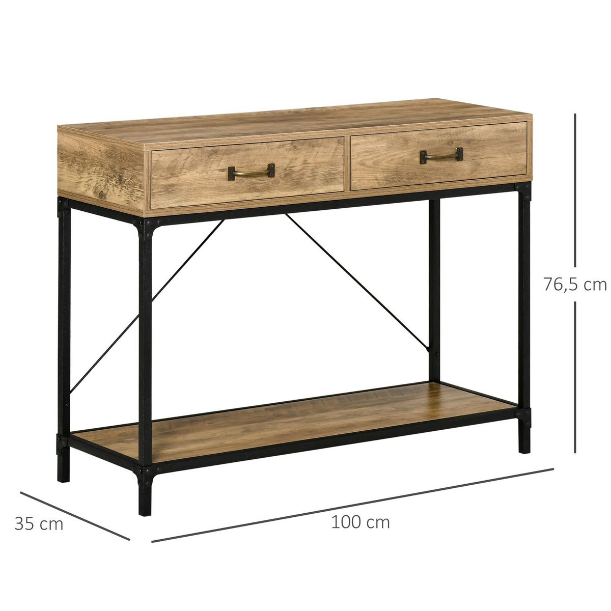 HOMCOM Console table d'appoint design industriel dim. 100L x 35l x 76H cm 2 tiroirs poignées laiton vieilli étagère métal noir aspect bois veinage