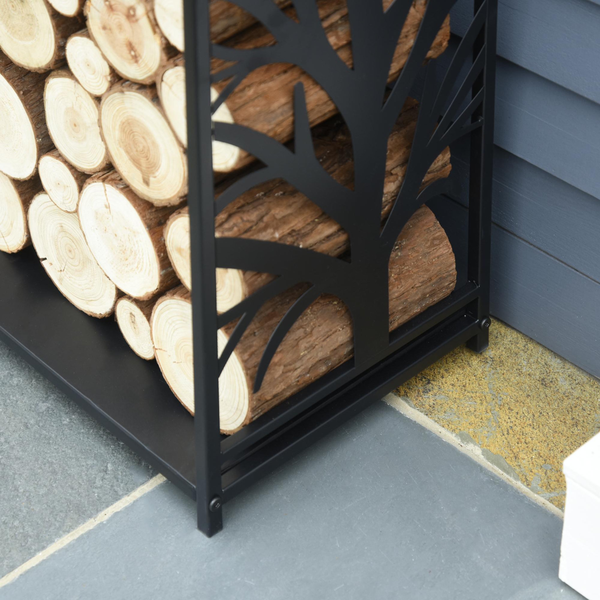 Voir la diapositive 4 : HOMCOM Serviteur de cheminée arbre - porte bûches - range bûches multi accessoires étagère 46L x 29l x 70H cm acier noir