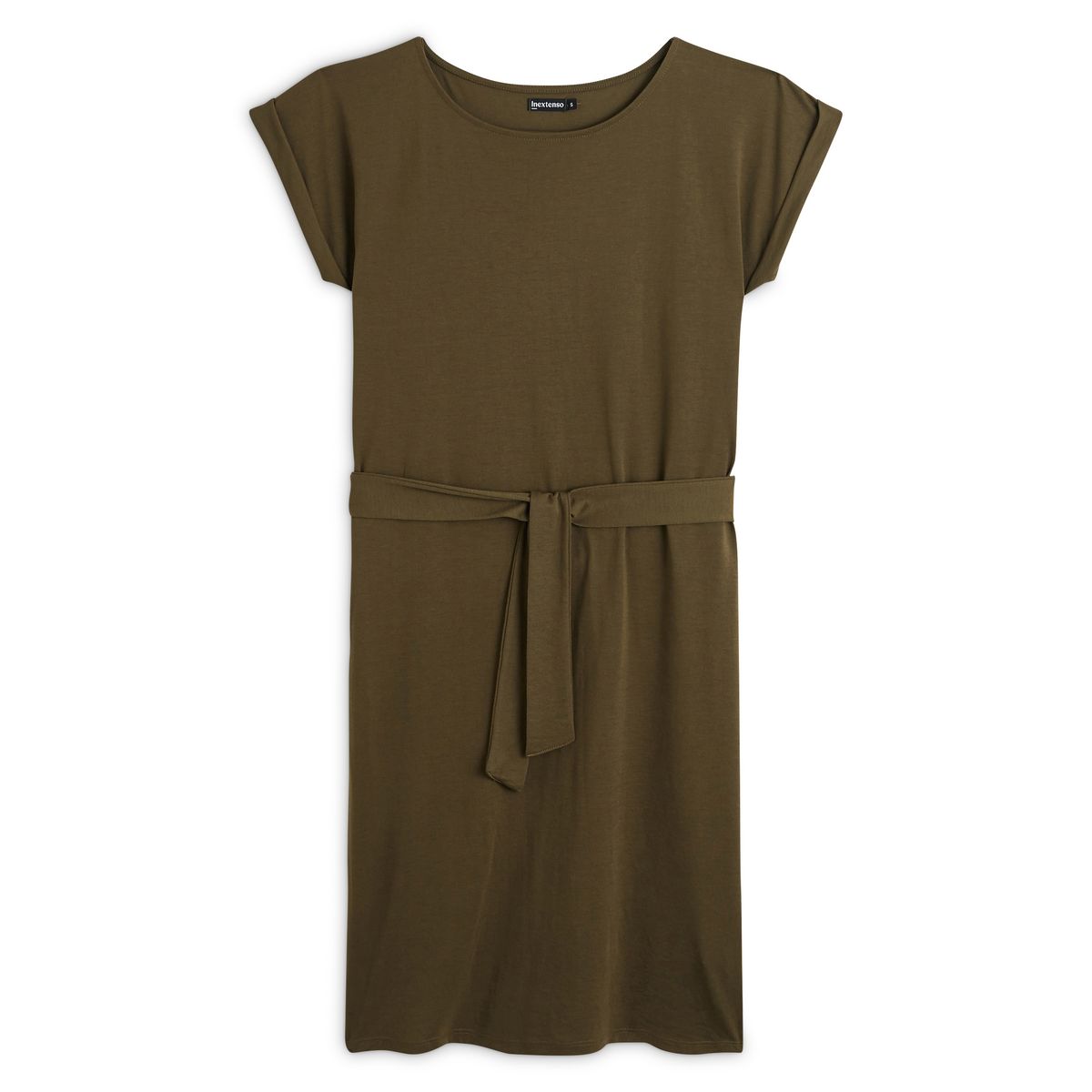 INEXTENSO Robe manches courtes en maille avec ceinture vert kaki femme