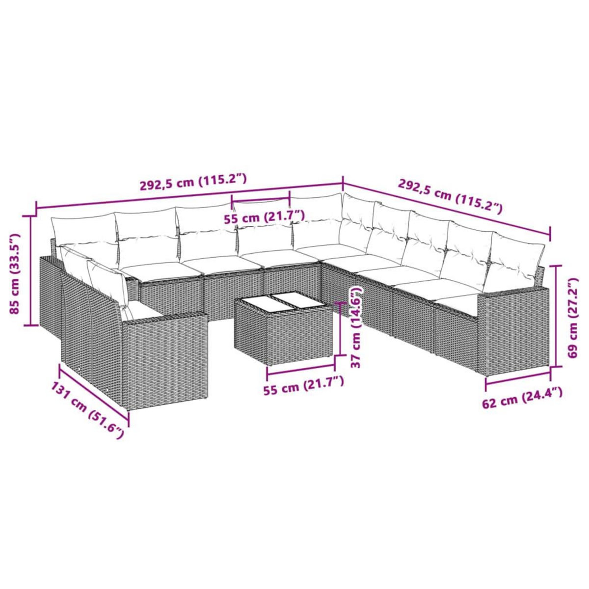 VIDAXL Salon de jardin avec coussins 12 pcs gris clair resine tressee