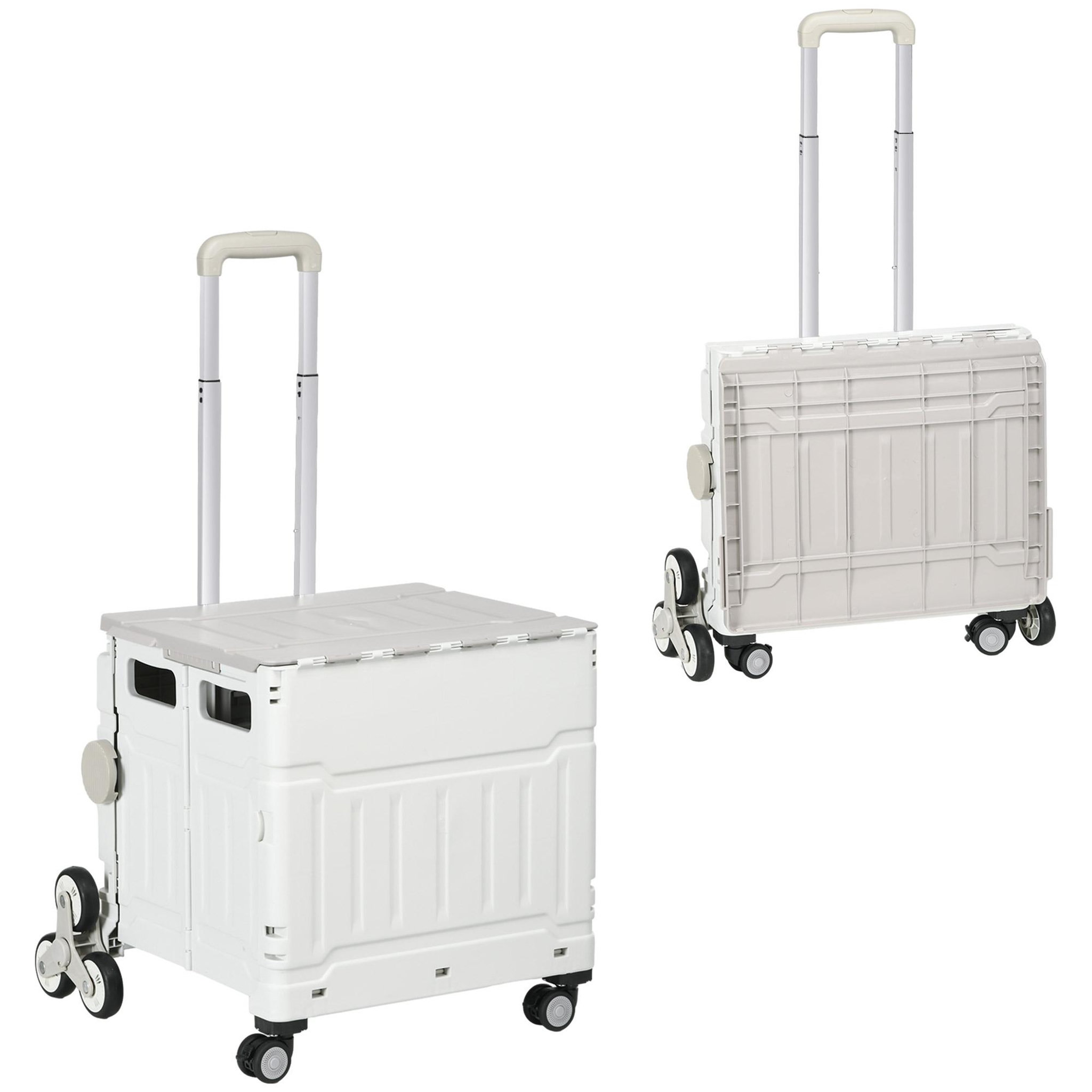 Voir la diapositive 2 : HOMCOM Chariot de courses pliable monte escalier 8 roues 51L max. 80 Kg poignée télescopique alu PP gris blanc