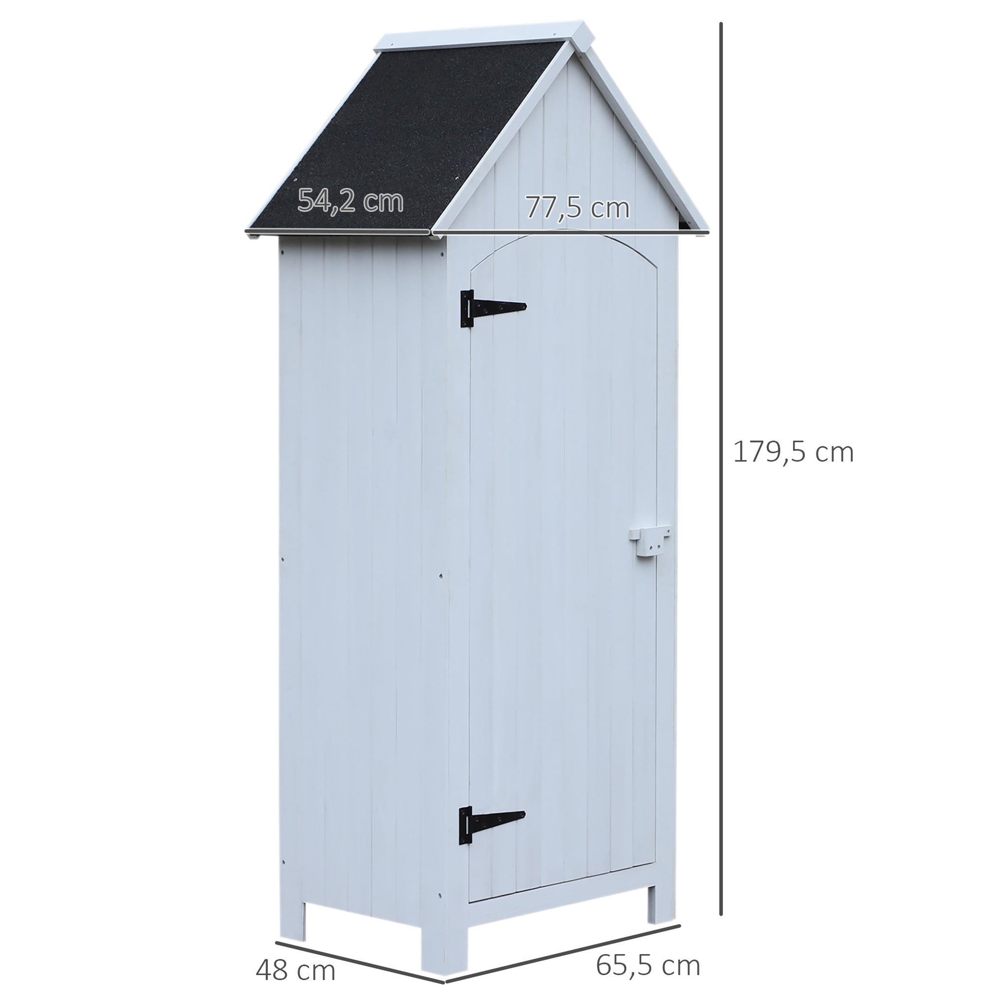 Voir la diapositive 3 : OUTSUNNY Armoire abri de jardin remise pour outils 3 étagères porte loquet toit pente bitumé dim. 77L x 54l x 179H cm bois sapin pré-huilé blanc