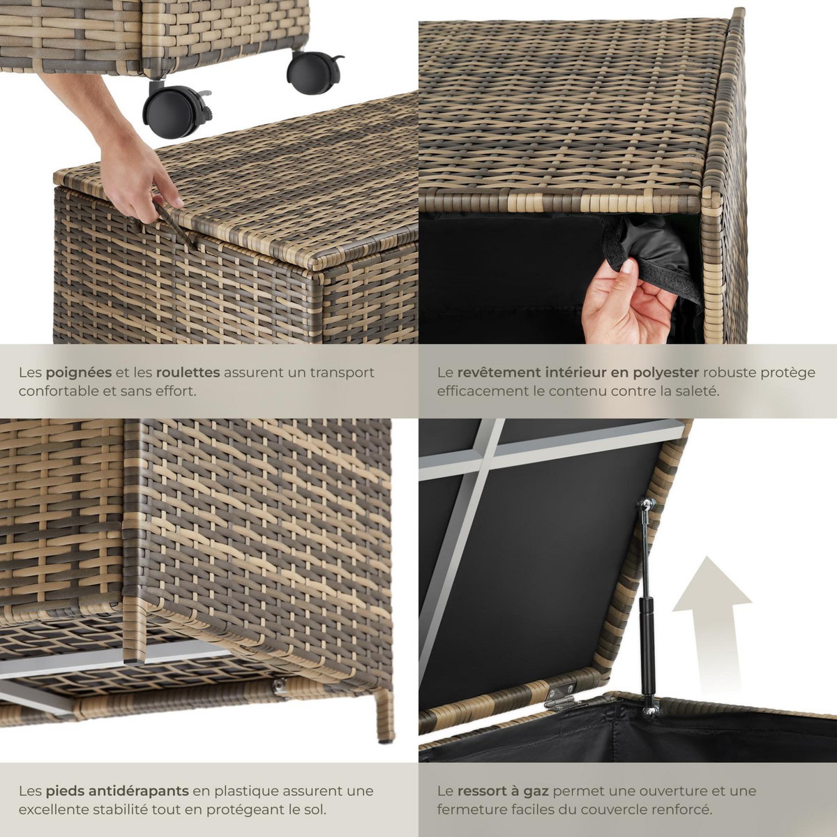 tectake Coffre de jardin caisse de rangement pour coussins 297 l, avec cadre en aluminium et tressage en rotin marron naturel
