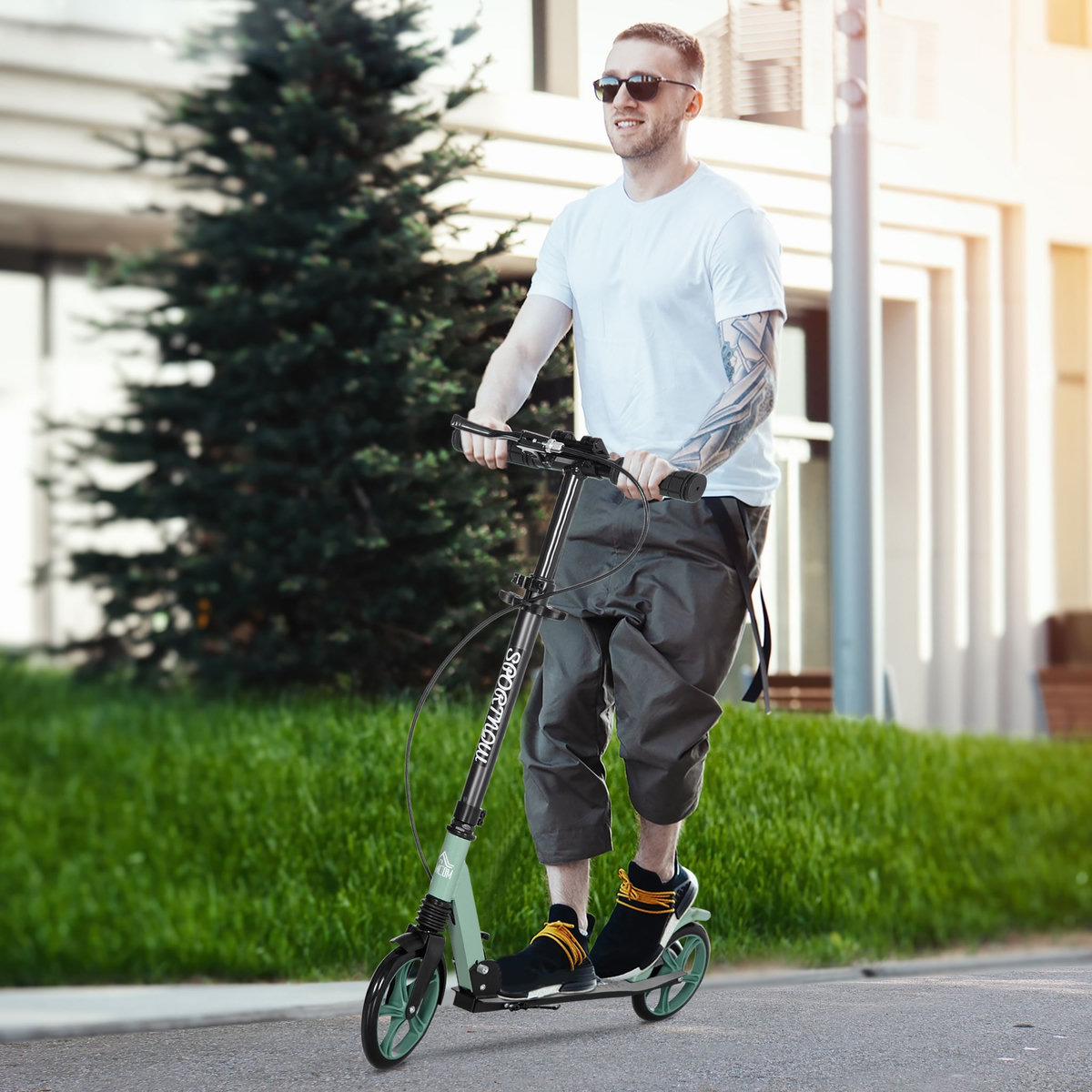 HOMCOM Trottinette pliable adulte béquille double frein amortisseur hauteur guidon réglable roulement PU abec-9 alu. métal vert noir