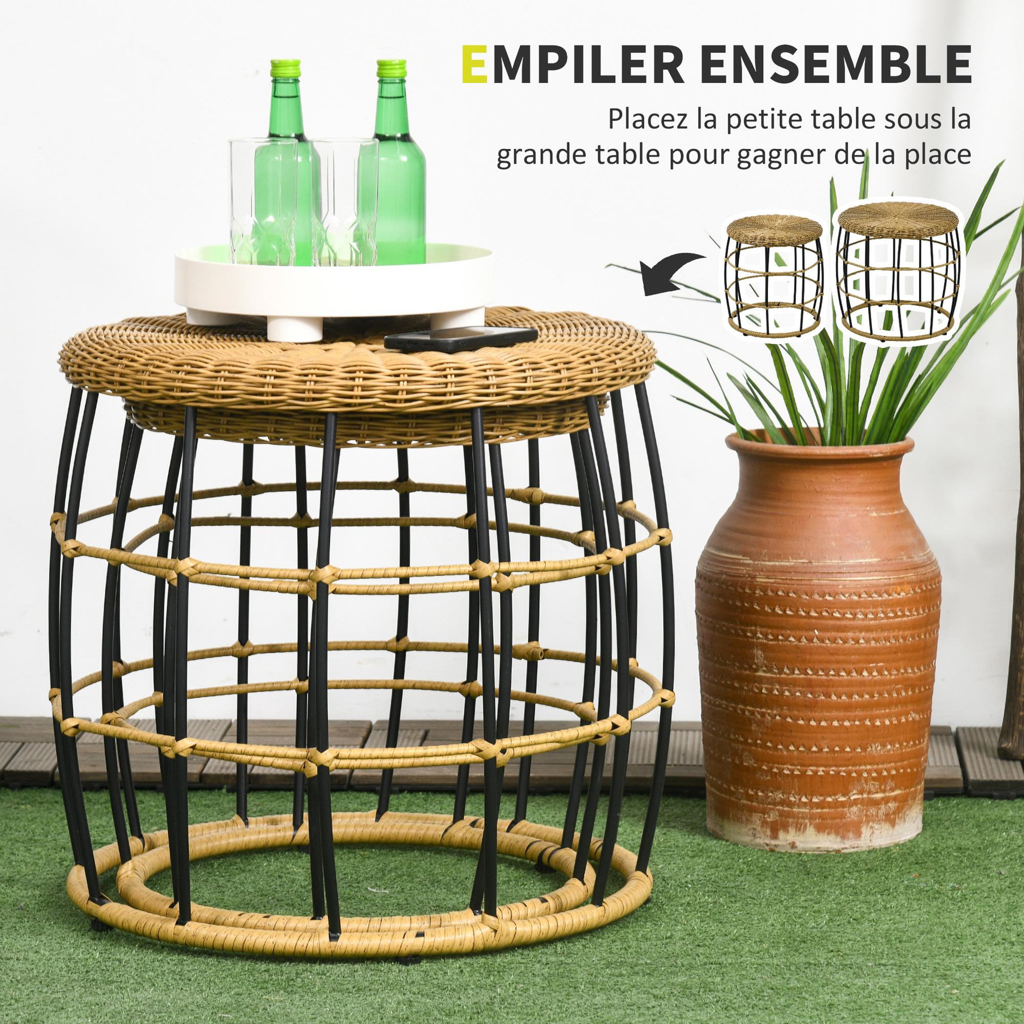 Voir la diapositive 5 : OUTSUNNY Tables basses gigognes de jardin style cosy chic lot de 2 tables basses encastrables résine tressée aspect rotin