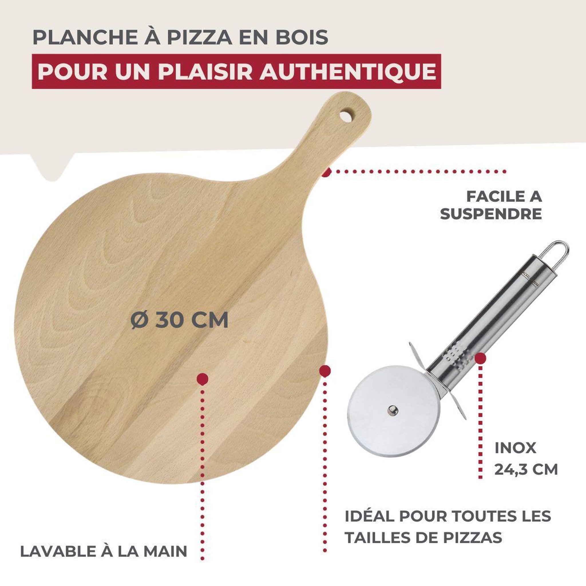 Voir la diapositive 3 : Fackelmann 2 planches à pizza 30 cm en bois et roulette Fackelmann Boissellerie
