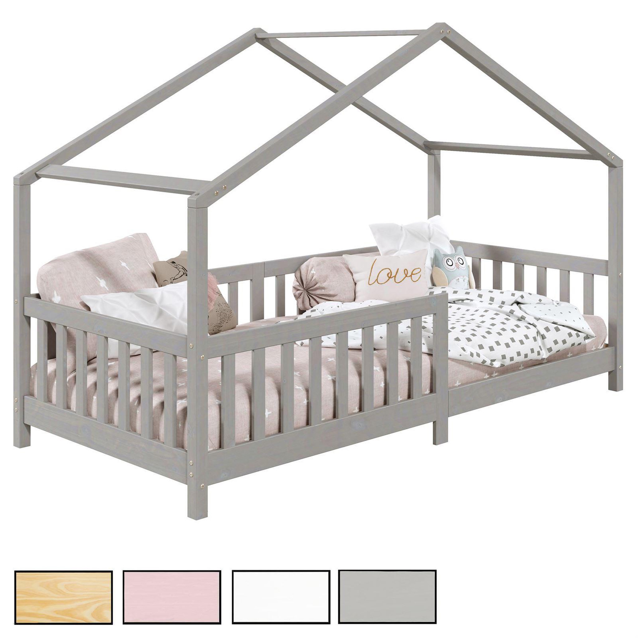IDIMEX Lit cabane lisan 90 x 200 cm, en pin massif. Coloris disponibles : Gris, Blanc, Marron