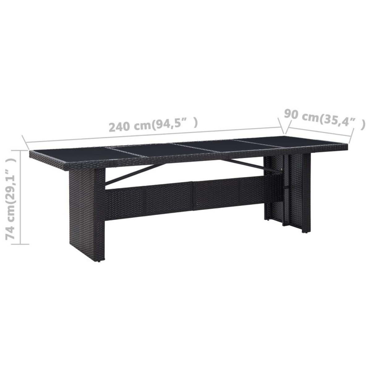 VIDAXL Table de jardin Noir 240x90x74 cm Resine tressee et verre