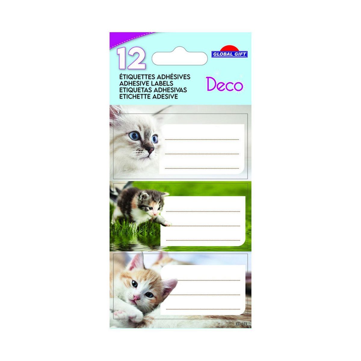 GLOBAL GIFT 12 étiquettes adhésives scolaires - Rectangle - Photos Chatons