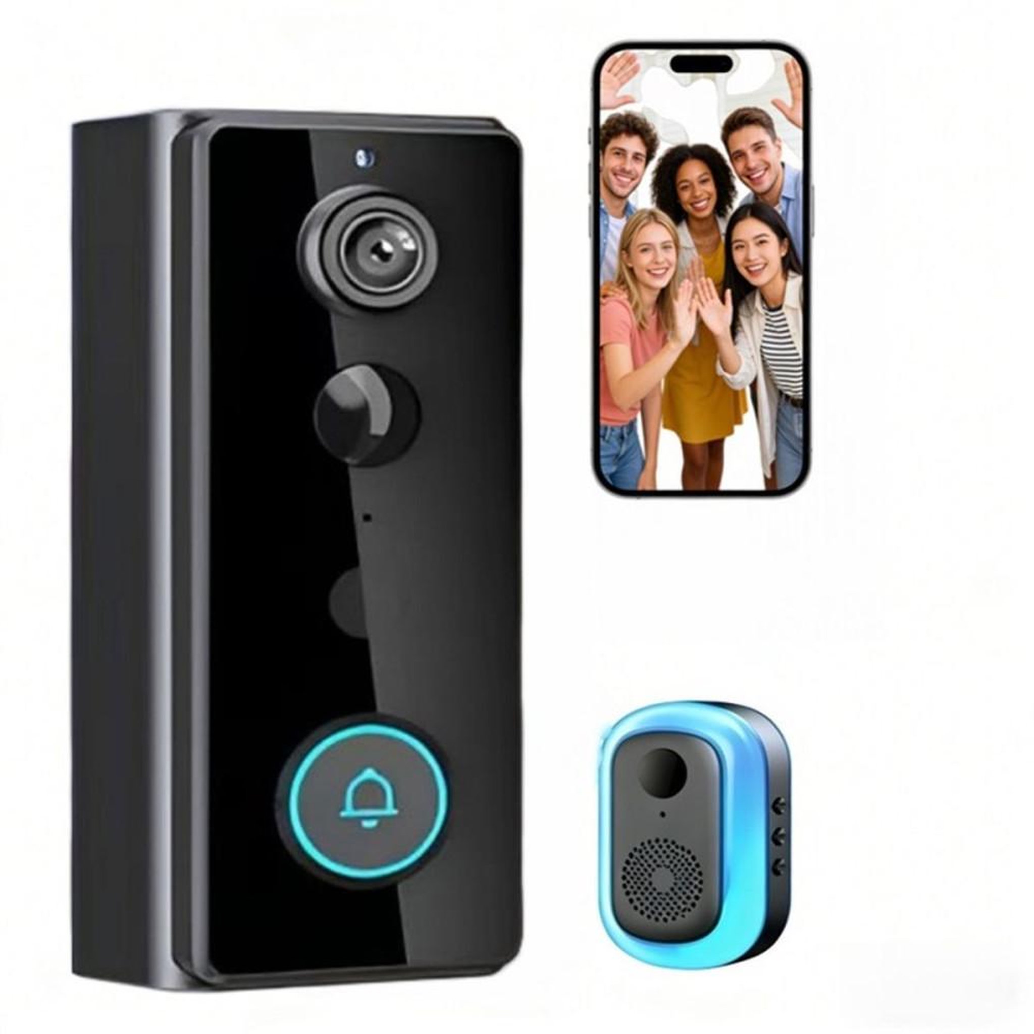 Carillon visiophone IP sans fil Ultra HD 166° noir avec détection PIR+IA, IP65, vision nocturne, audio bidirectionnel, stockage TF et carillon bleu