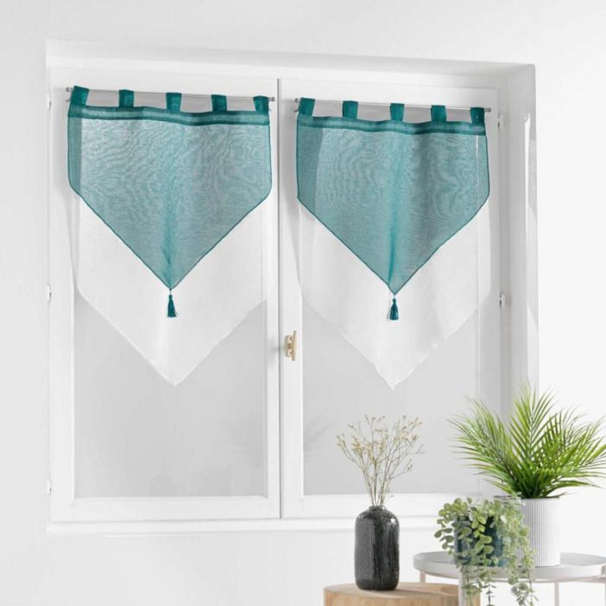 Paris Prix Paire de Voilages  Duetto  60x160cm Pétrole & Blanc