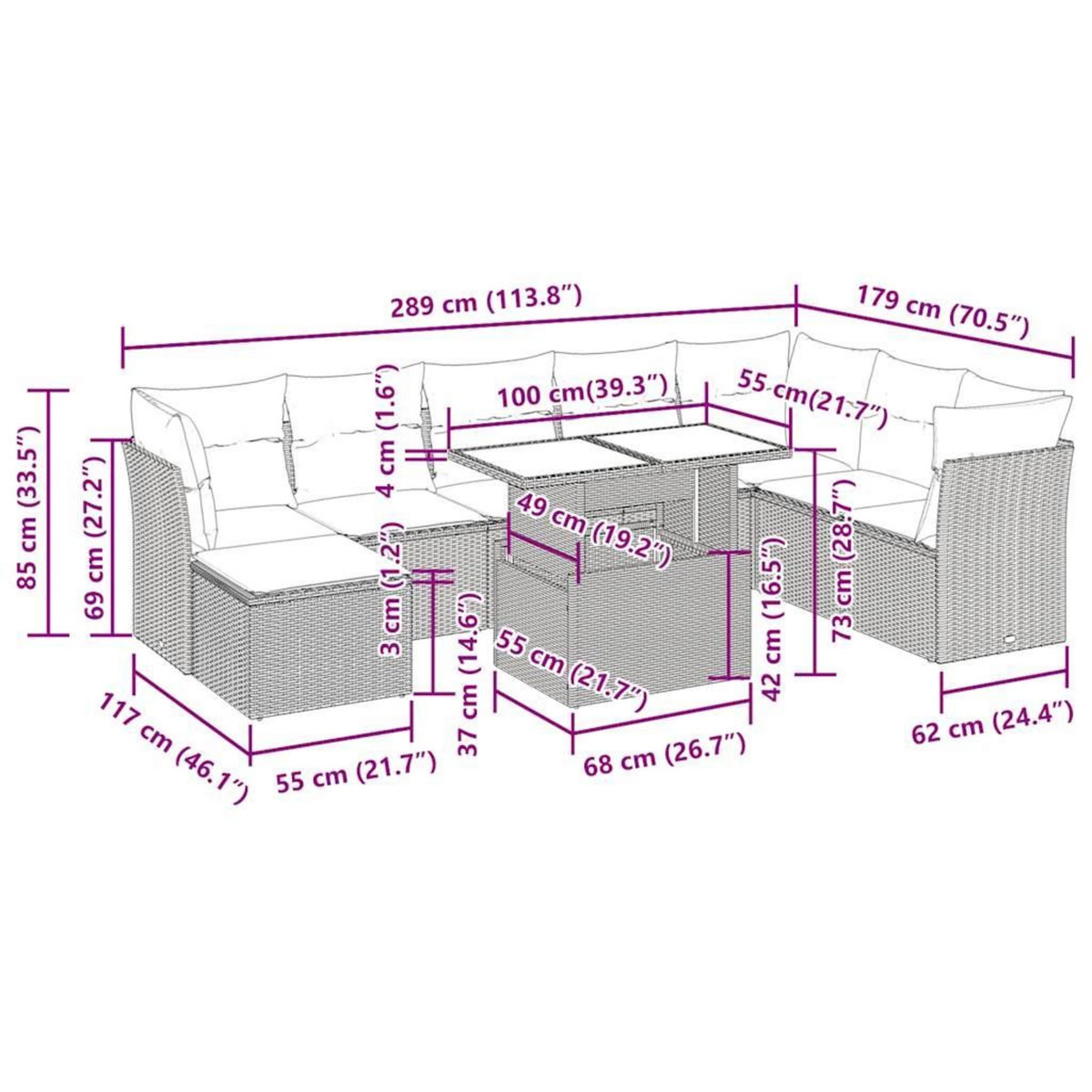 VIDAXL Salon de jardin 9 pcs avec coussins gris clair resine tressee