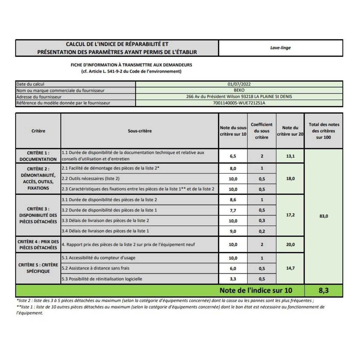 Beko Lave-linge  hublot 7kg 1200 tours/min - WUE7212S1A
