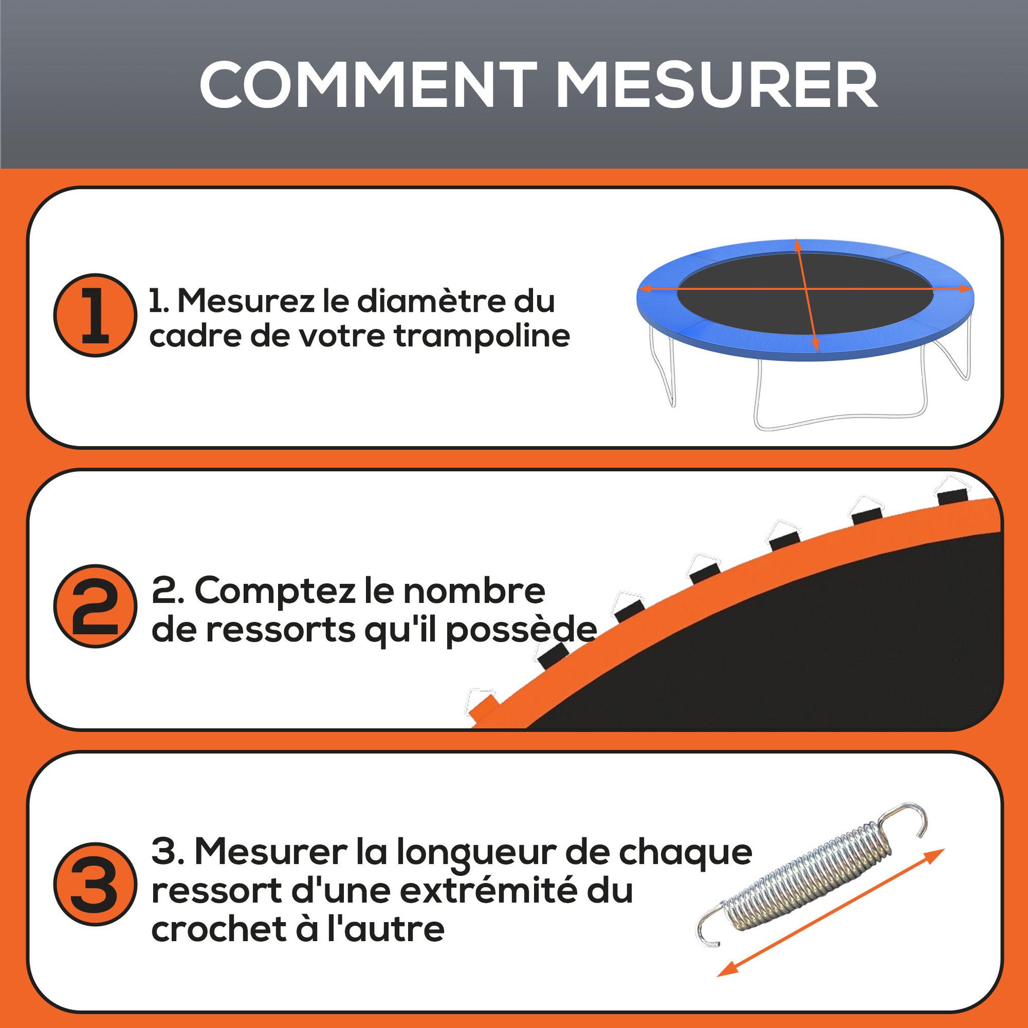 Voir la diapositive 6 : HOMCOM Tapis de rechange trampoline ø 3,7 m ressorts 14 cm outil 72 crochets en v inclus orange noir
