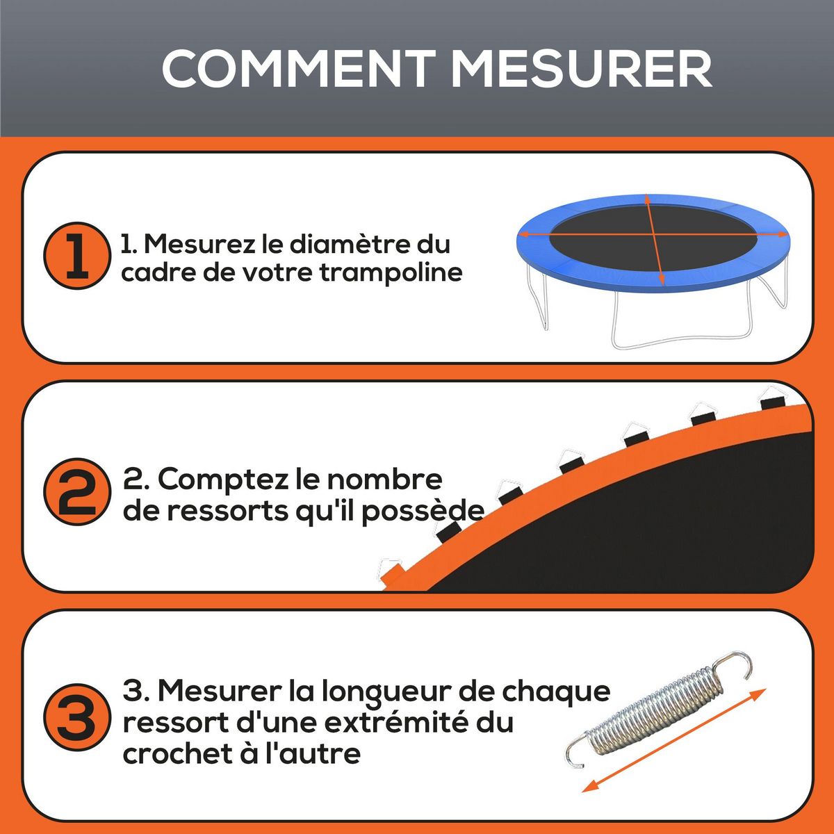 HOMCOM Tapis de rechange trampoline Ø 3,7 m ressorts 14 cm outil 72 crochets en V inclus orange noir