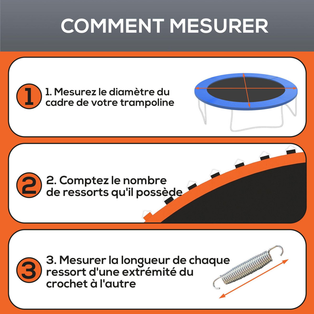 HOMCOM Tapis de rechange trampoline Ø 3,7 m ressorts 14 cm outil 72 crochets en V inclus orange noir