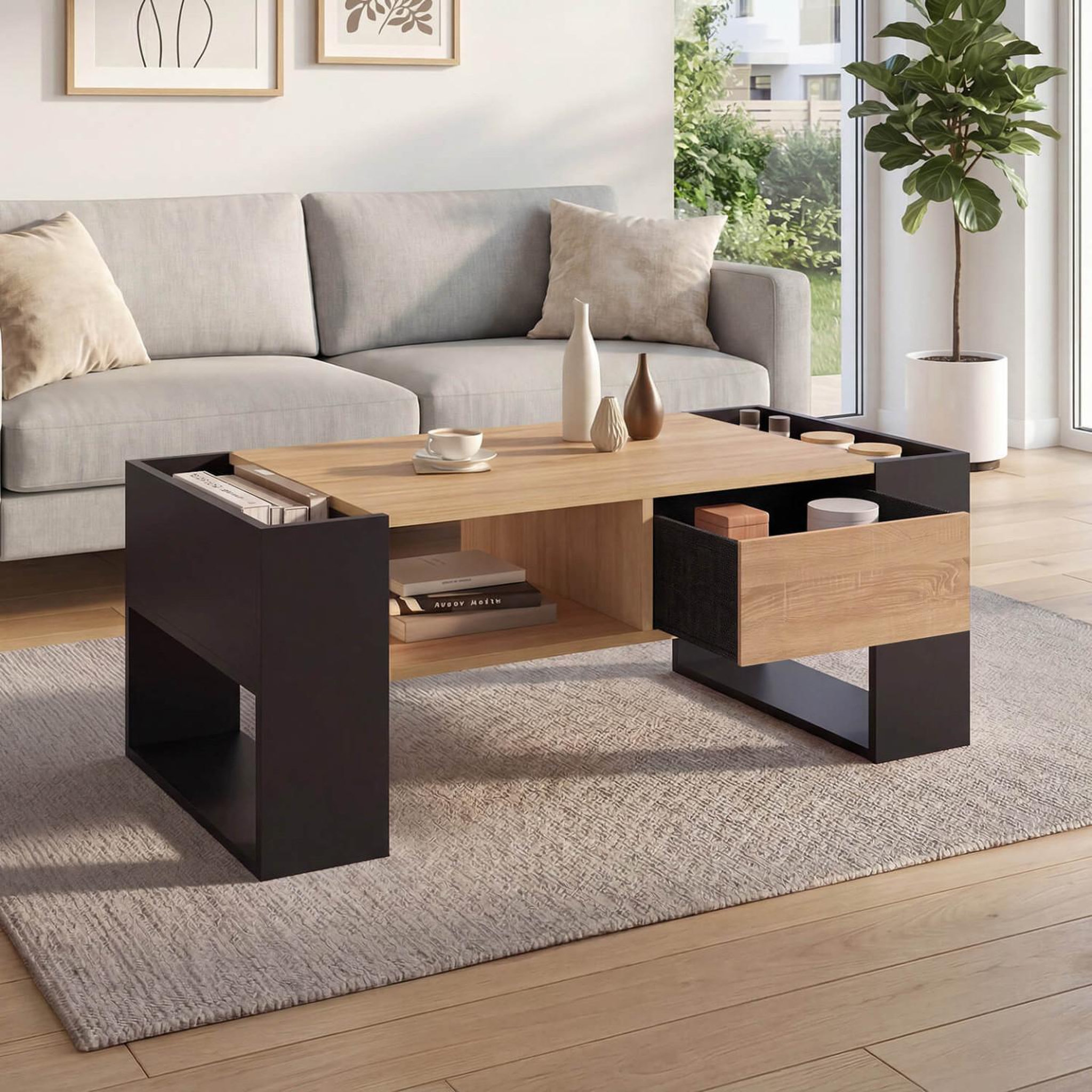 Voir la diapositive 4 : ID MARKET Table basse rectangulaire beryl avec tiroir bois noir et façon hêtre