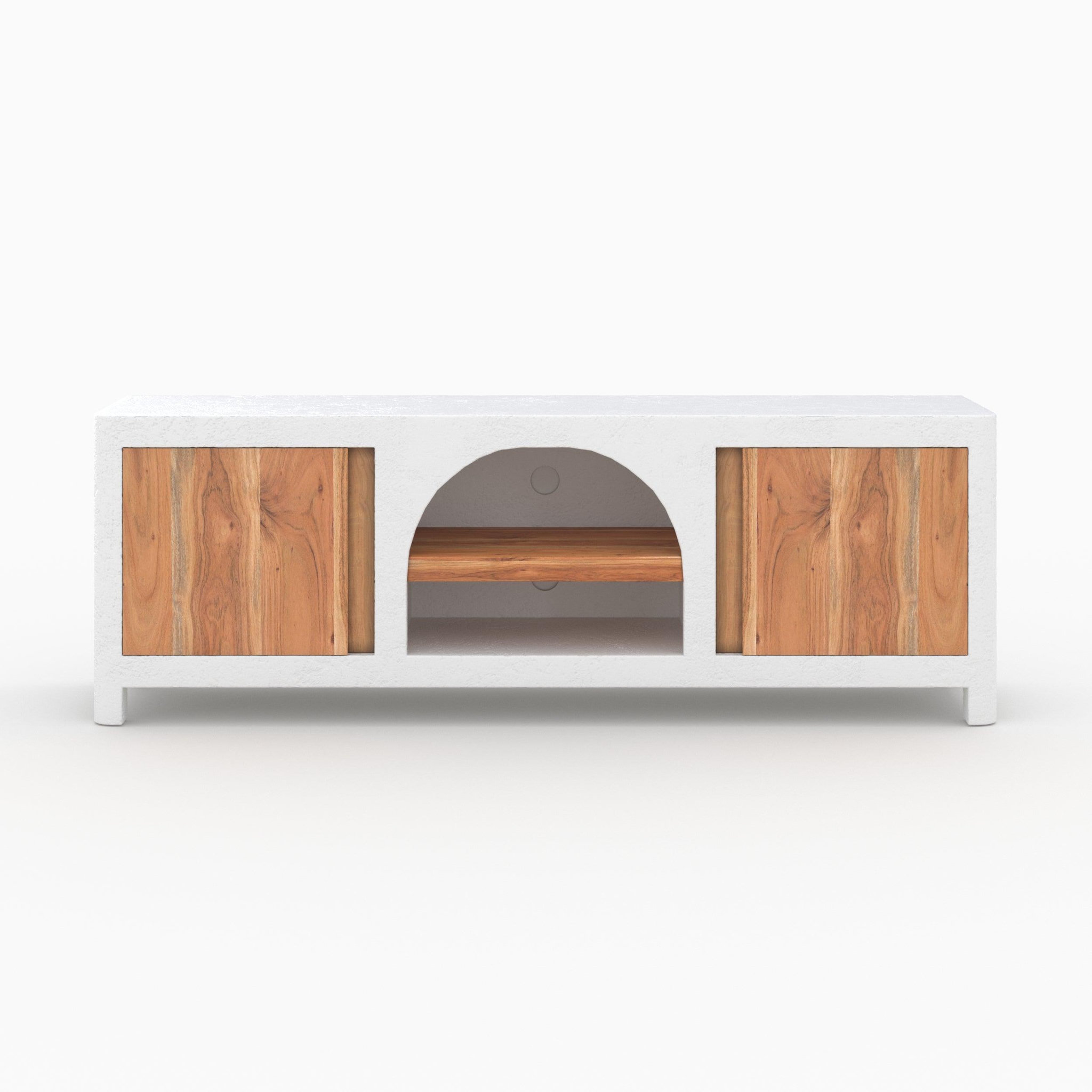 MAISON PAVANE Meuble tv en plâtre blanc cassé et bois d'acacia 145 cm-fira