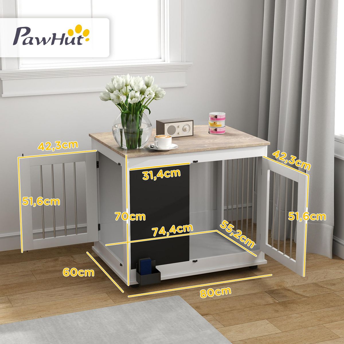 PAWHUT Cage pour chien intérieur - cage d'intérieur design - 2 portes - tableau noir pour craie - barreaux acier