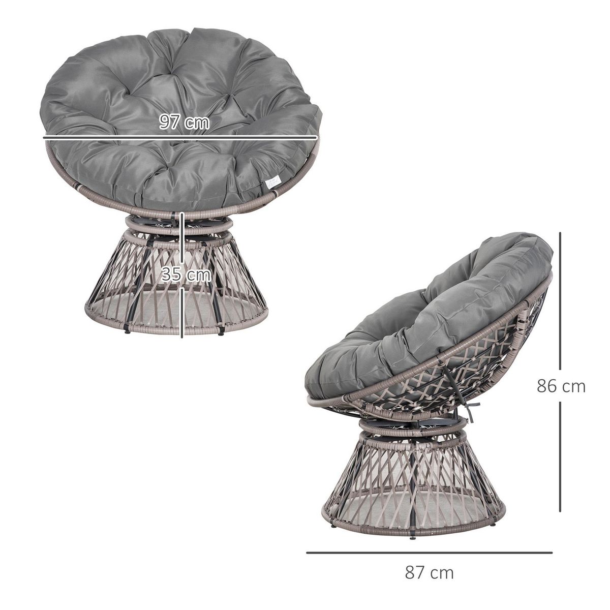 OUTSUNNY Fauteuil rond de jardin fauteuil papasan pivotant grand confort Ø 97 x 86H cm grand coussin fourni polyester résine tressée gris