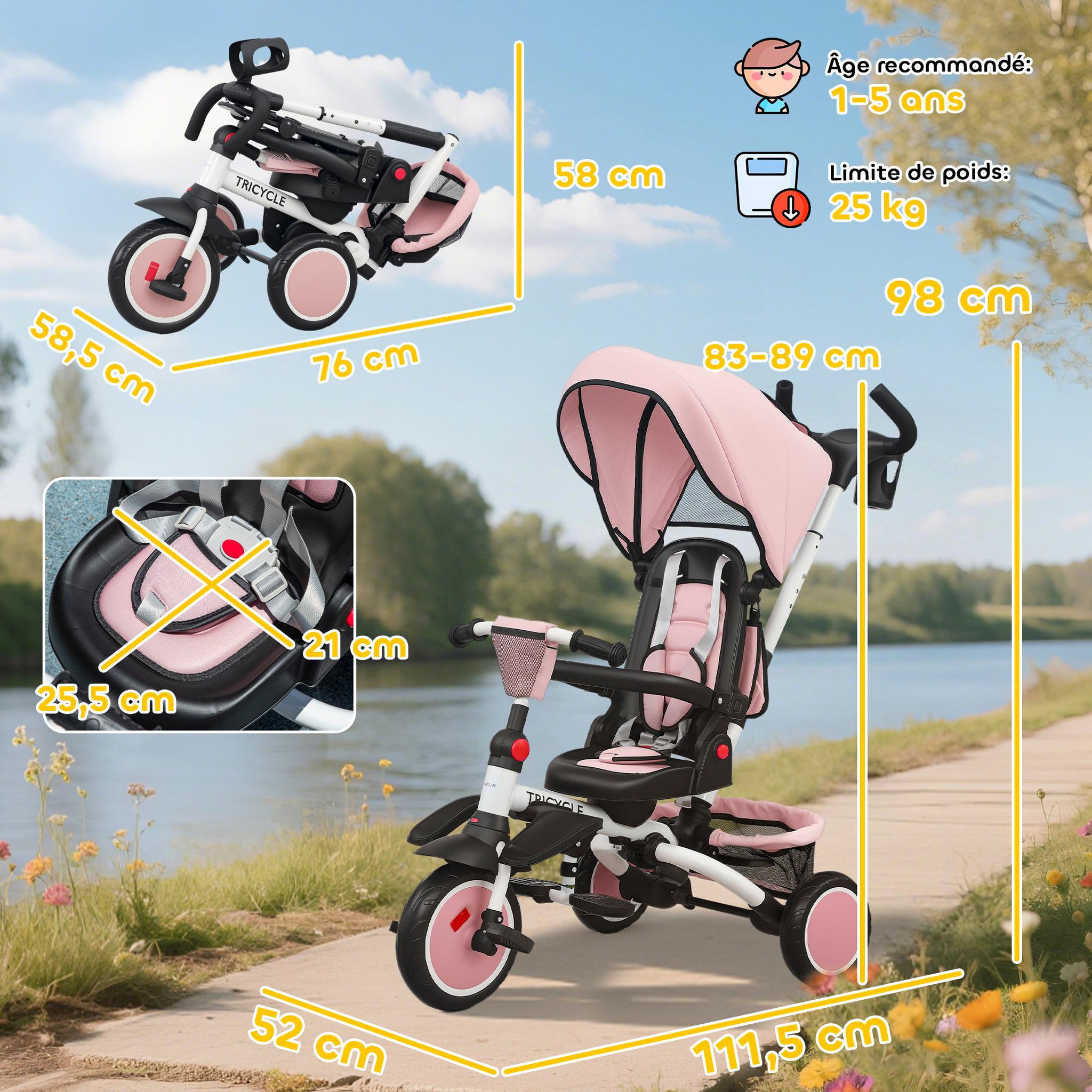 Voir la diapositive 3 : HOMCOM Tricycle évolutif pliable réglable 6 en 1 rose