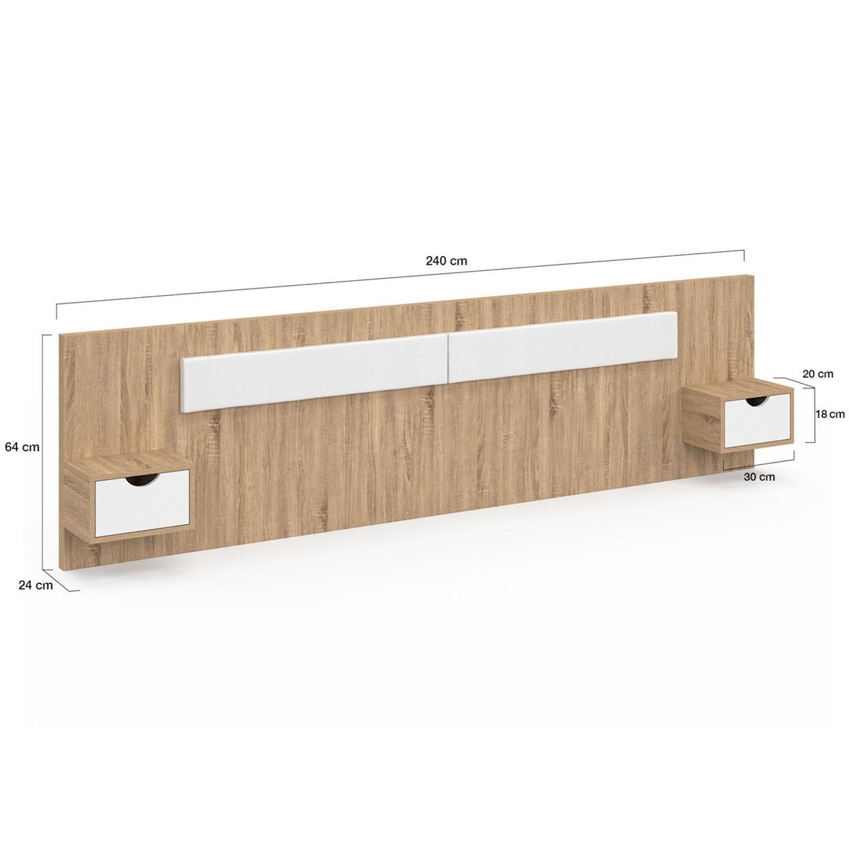 ID MARKET Tête de lit suspendue avec chevets SANTA pour lit 140, 160 et 180 cm bois et blanc