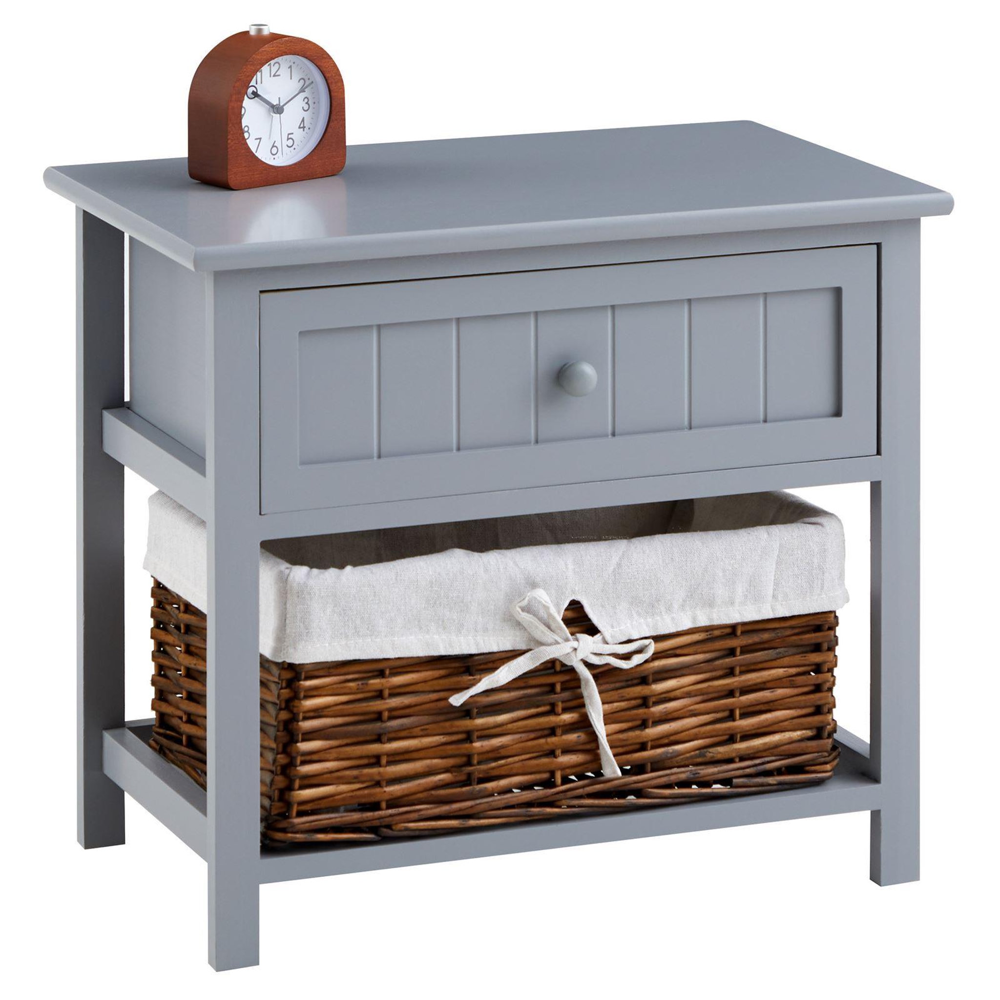 Voir la diapositive 1 : IDIMEX Table de chevet AKURE avec 1 tiroir et 1 panier en bois