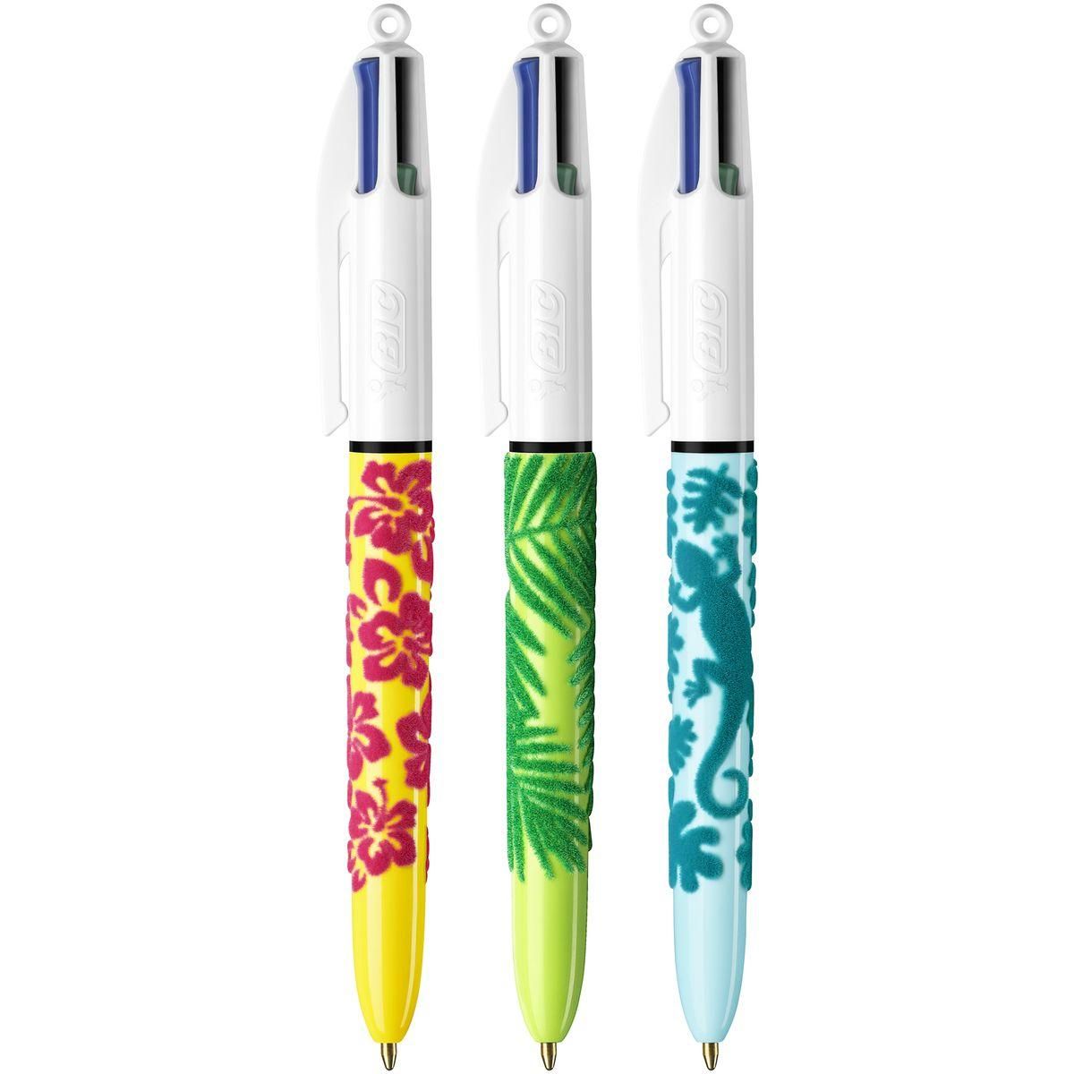 BIC Lot de 3 stylos bille 4 couleurs rétractable pointe moyenne Velours 1jaune/1bleu/1vert à motifs