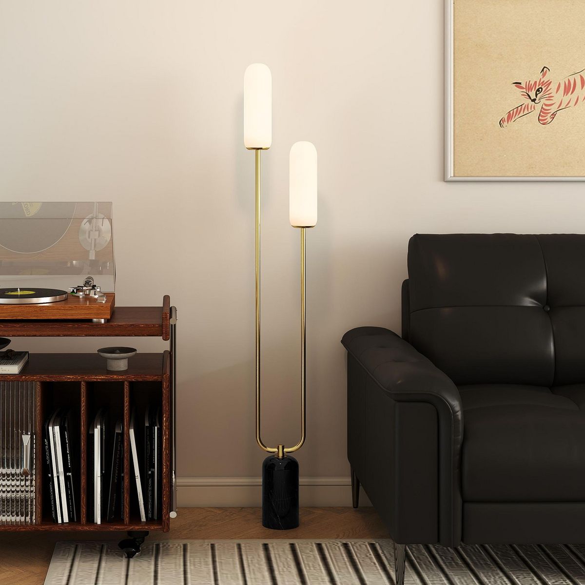 HOMCOM Lampadaire design art déco H.150 cm effet marbre noir métal doré verre dépoli blanc