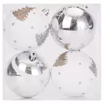 ACTUEL Lot de 4 boules fantaisie en plastique blanc/argent 8 cm
