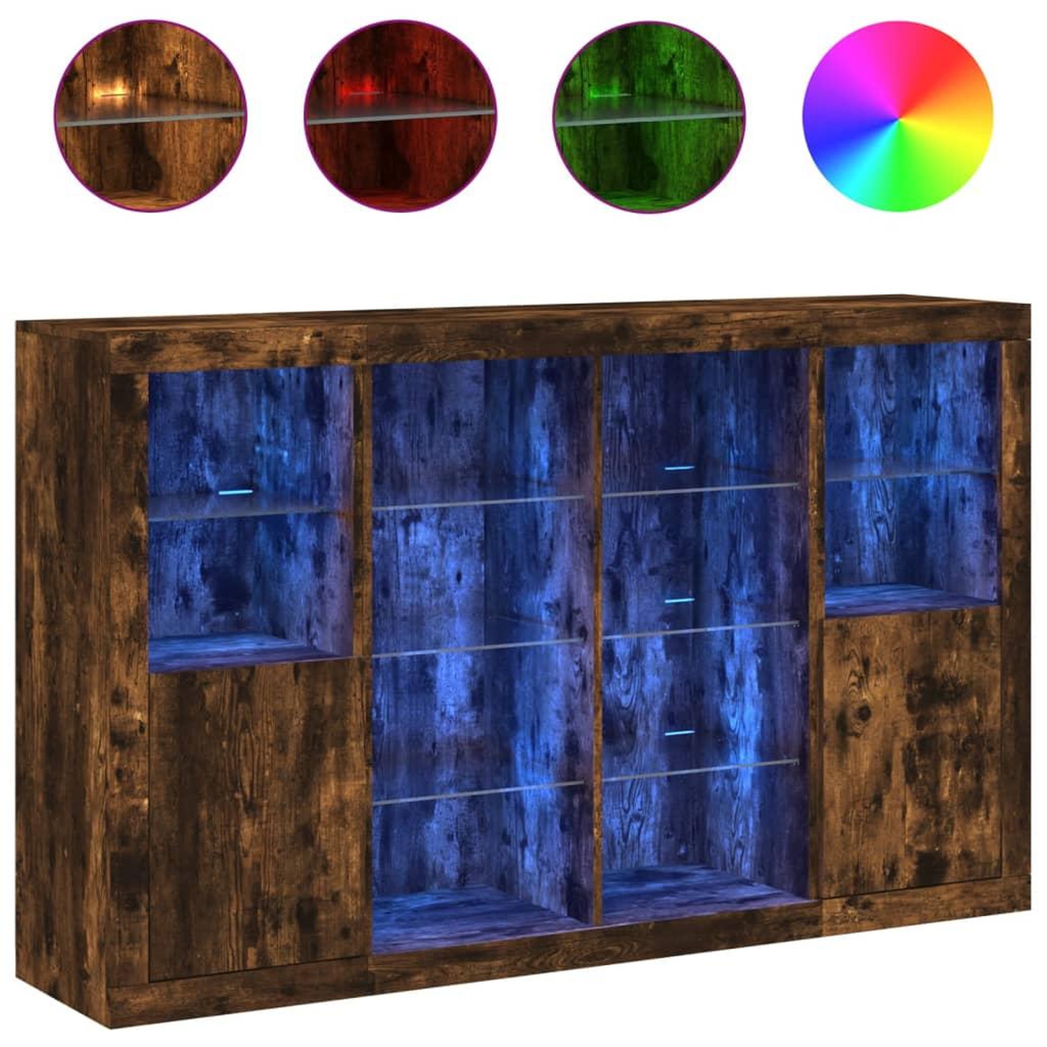 Voir la diapositive 2 : VIDAXL Buffets avec lumieres LED 3 pcs chene fume bois d'ingenierie